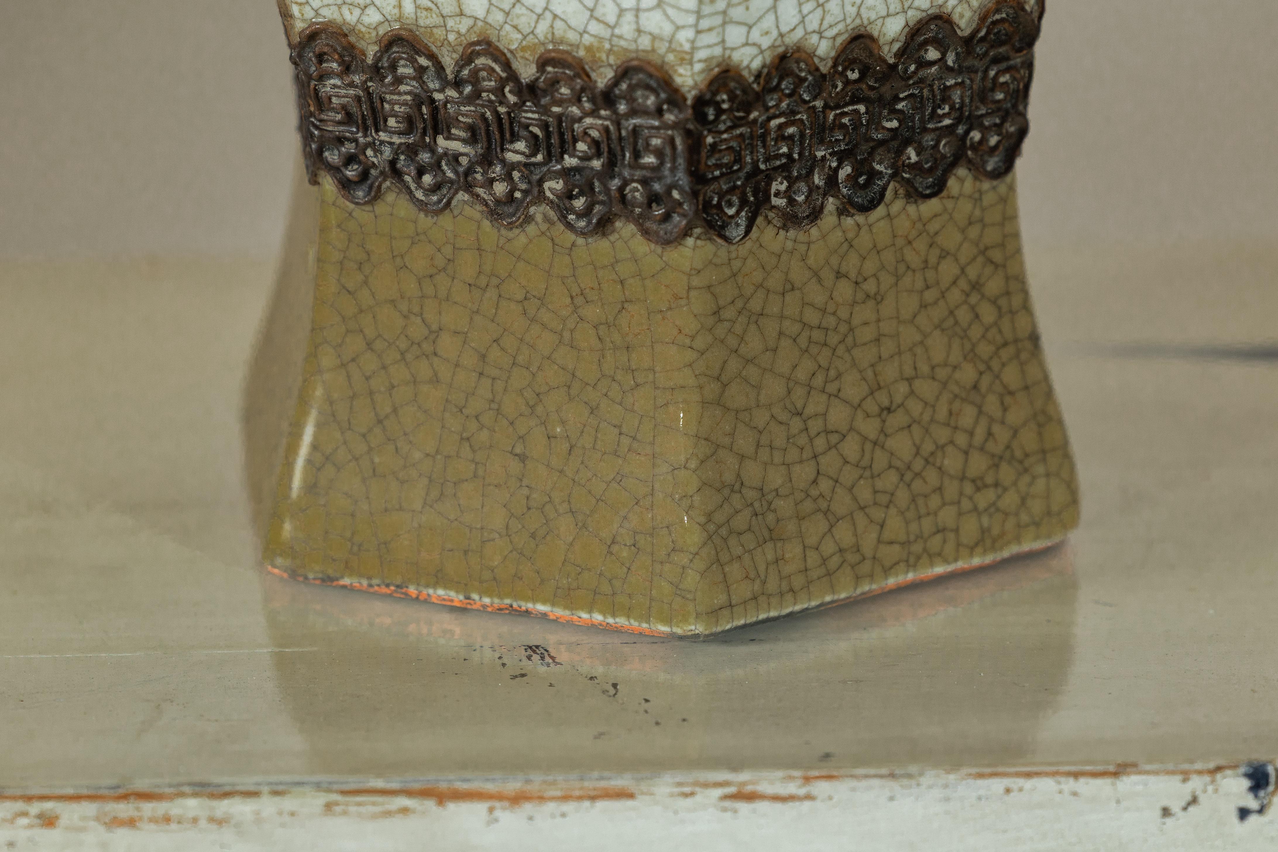 Crackle Celadon Hexagonal Vase with Greek Key and Decorative Motifs For Sale 2
