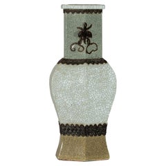 Crackle Celadon Hexagonal Vase with Greek Key and Decorative Motifs