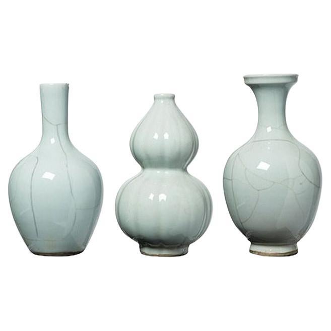 Crackle Celadon Porcelain Bud Vases, Set of 3 For Sale