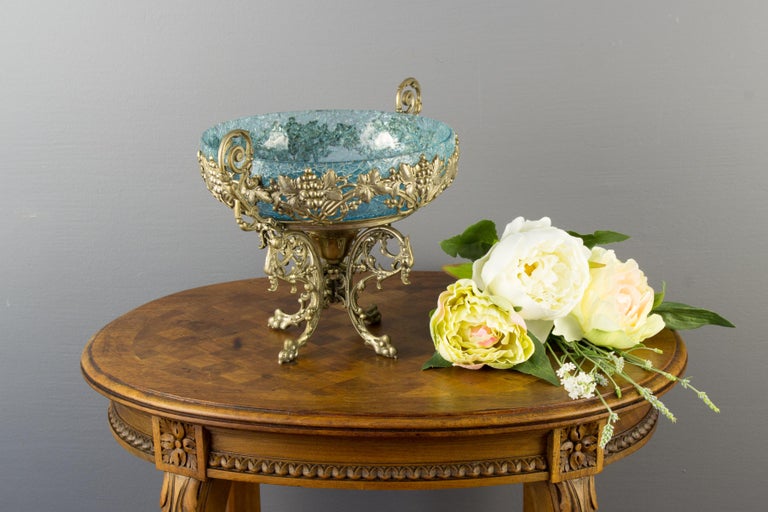 Crackle Glass Centerpiece Bowl with Ornate Stand For Sale 5