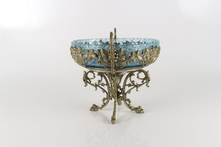 French Crackle Glass Centerpiece Bowl with Ornate Stand For Sale