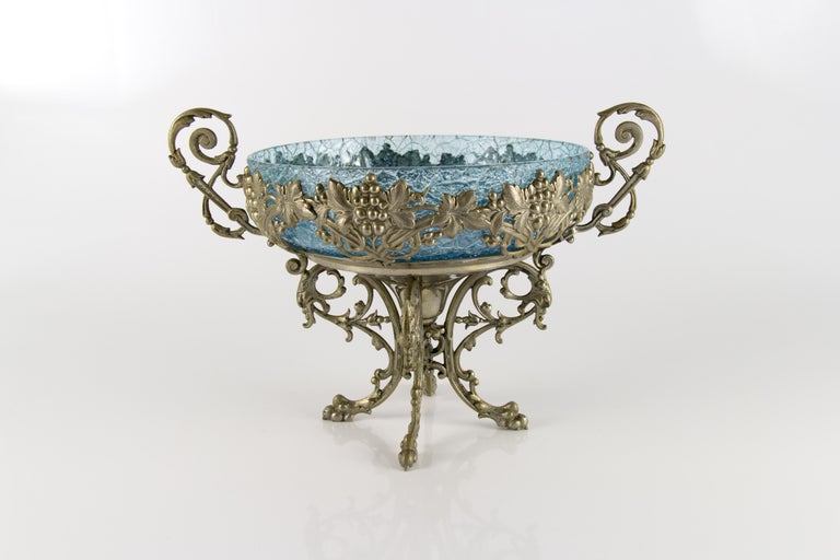 Mid-20th Century Crackle Glass Centerpiece Bowl with Ornate Stand For Sale
