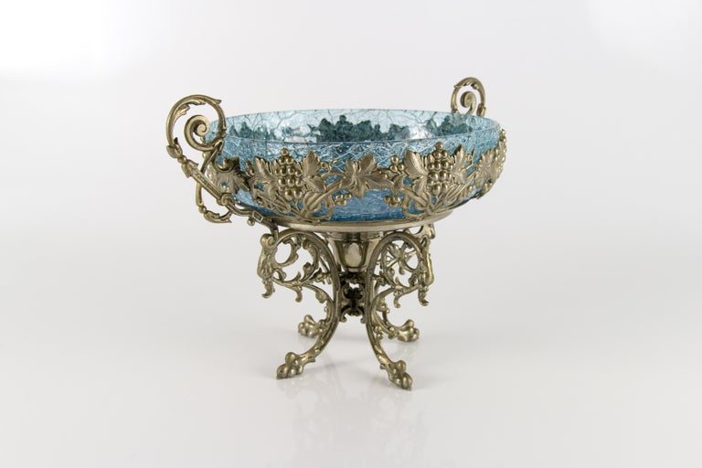 Metal Crackle Glass Centerpiece Bowl with Ornate Stand For Sale