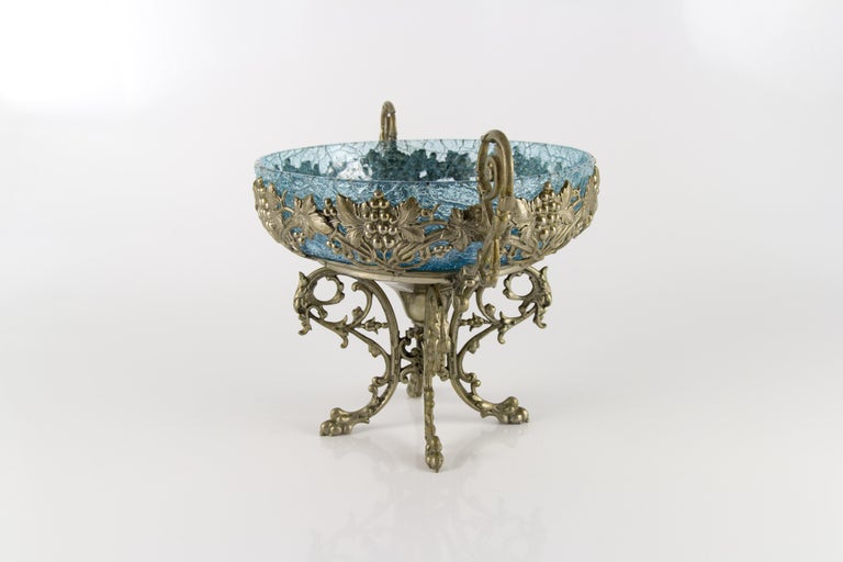 Crackle Glass Centerpiece Bowl with Ornate Stand For Sale 1
