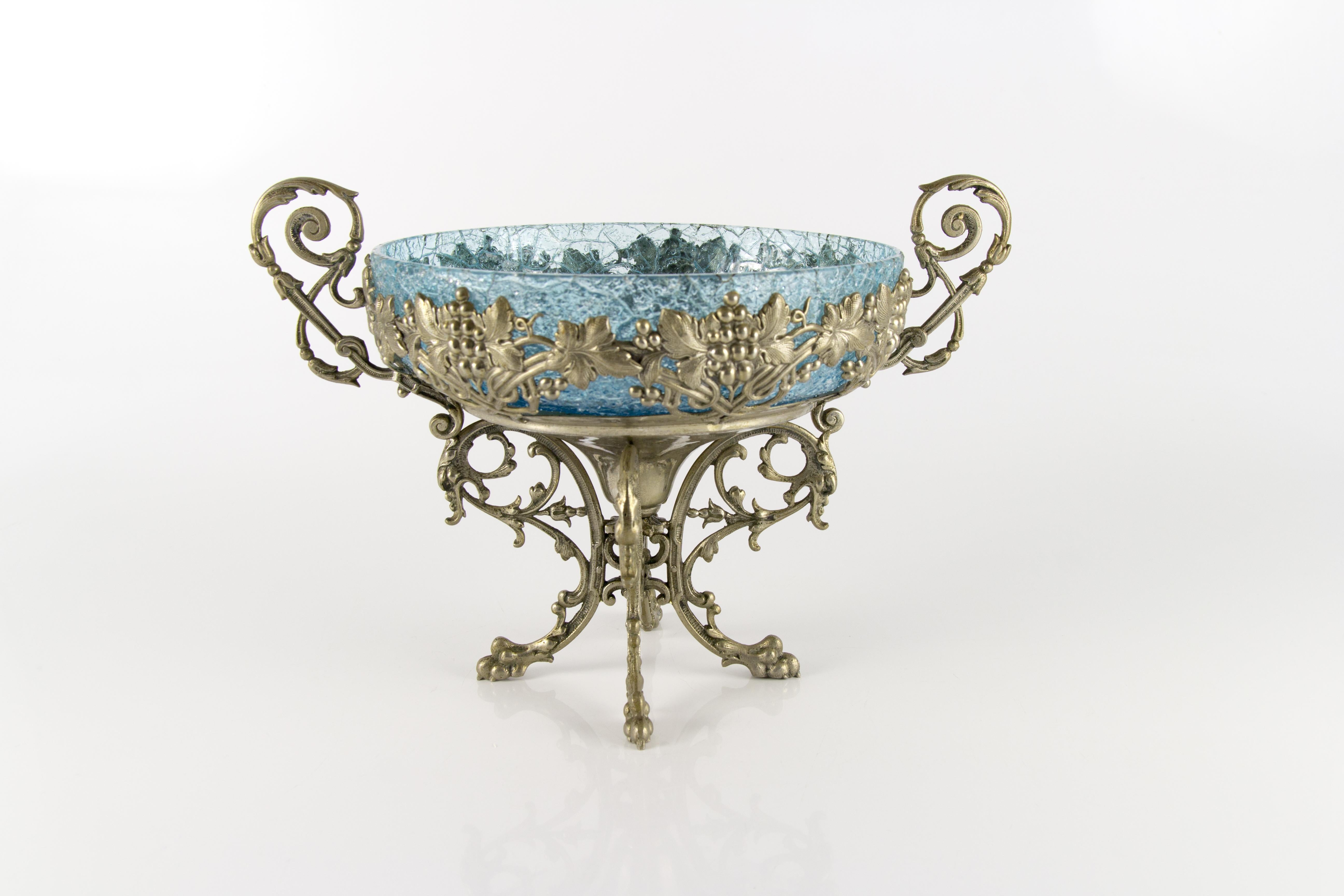 Mid-20th Century Crackle Glass Centerpiece Bowl with Ornate Stand