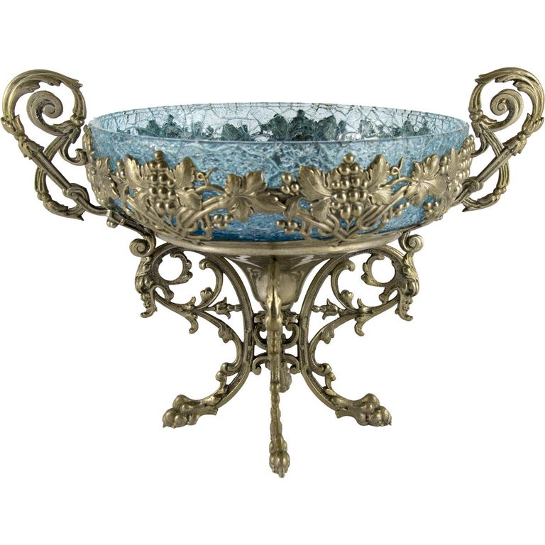 Crackle Glass Centerpiece Bowl with Ornate Stand For Sale