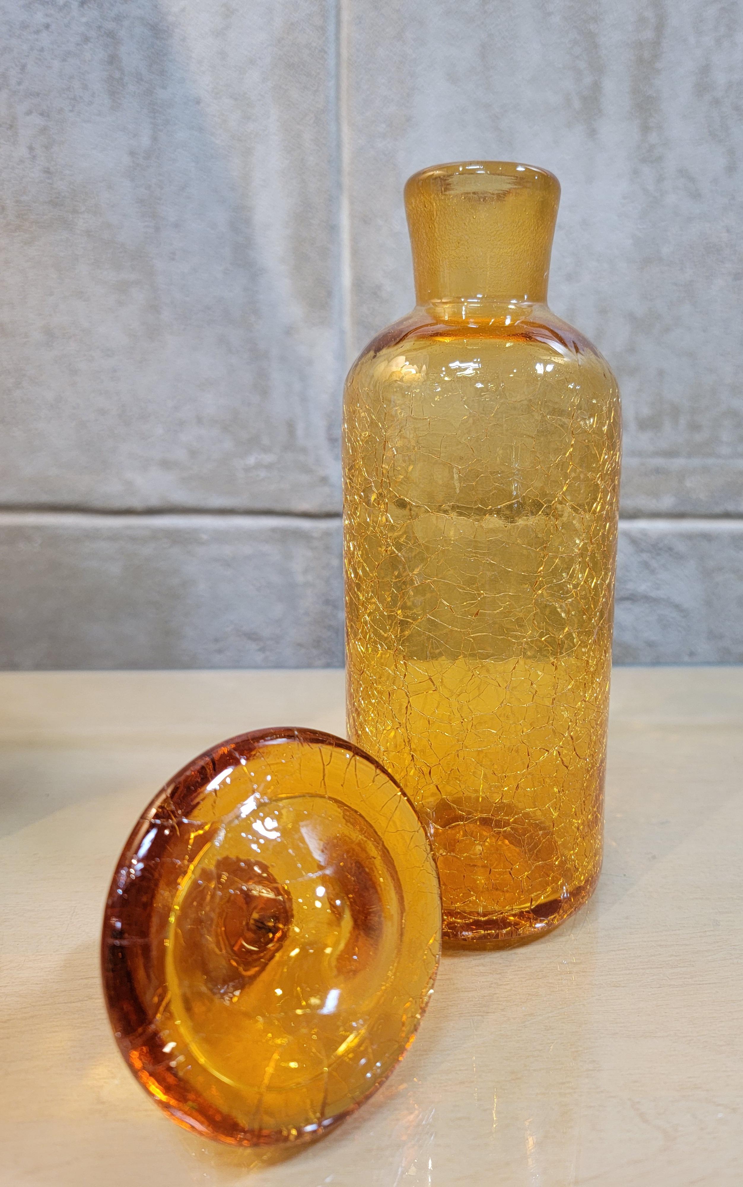 Mid-Century Modern Crackle Glass Decanter Manner of Blenko For Sale