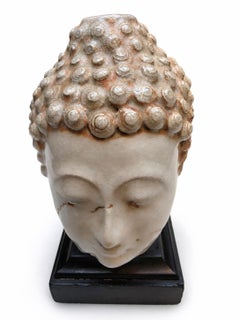 Crackle-Glazed Ceramic Buddha Head Statue on Molded Marble Plinth