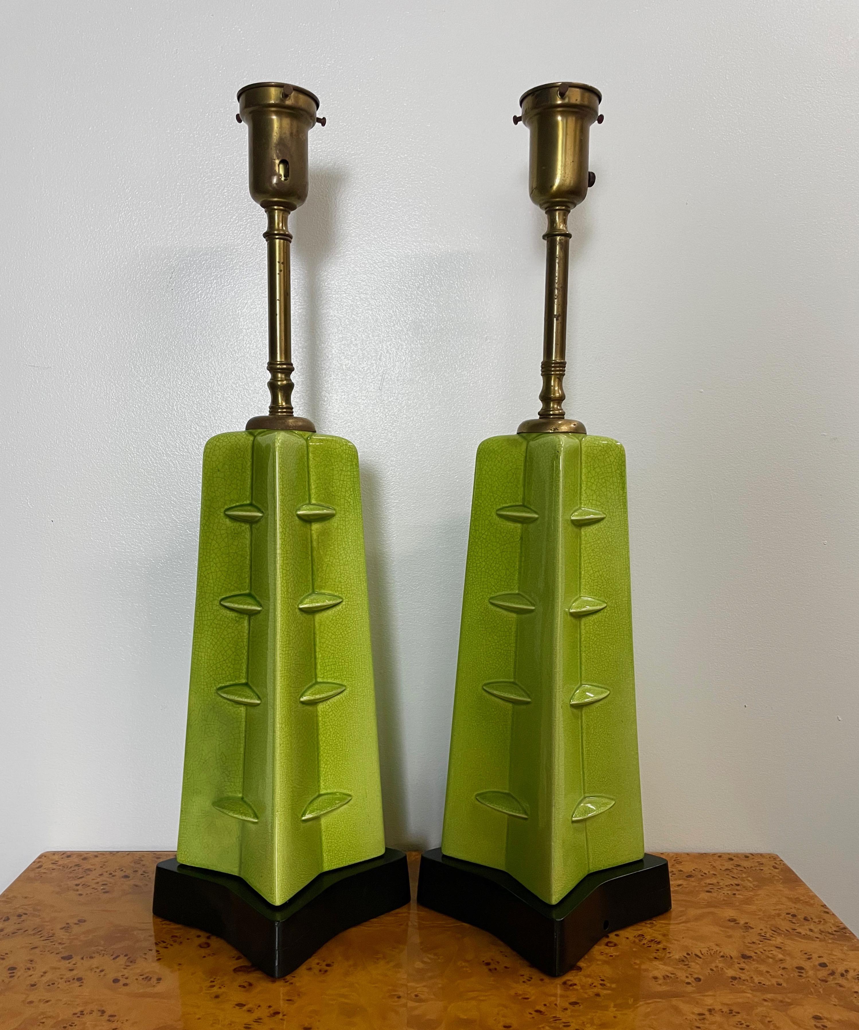 Mid-Century Modern Glazed Chartreuse Ceramic Mid Century Table Lamps Frank Lloyd Wright Style