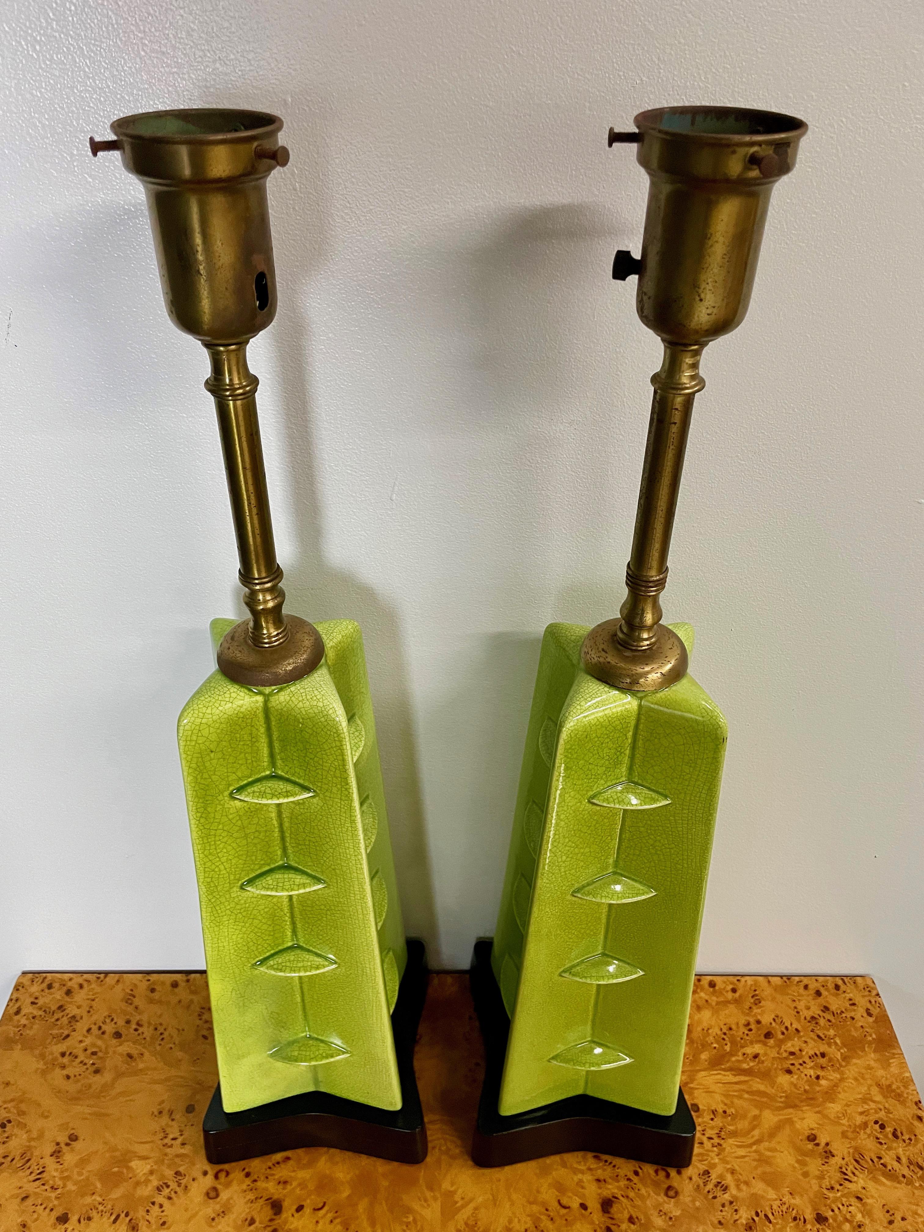North American Glazed Chartreuse Ceramic Mid Century Table Lamps Frank Lloyd Wright Style