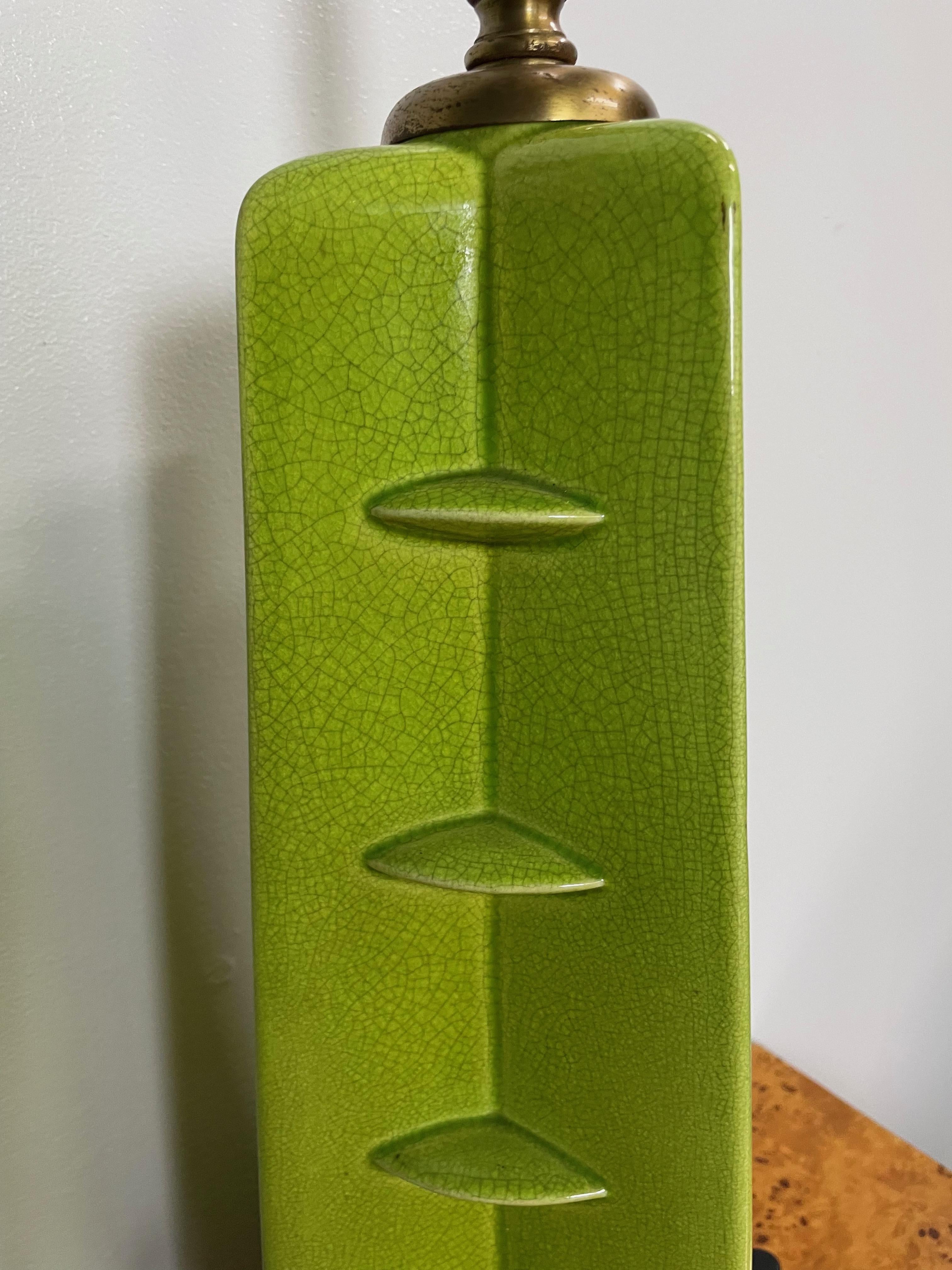 Glazed Chartreuse Ceramic Mid Century Table Lamps Frank Lloyd Wright Style In Good Condition In Philadelphia, PA