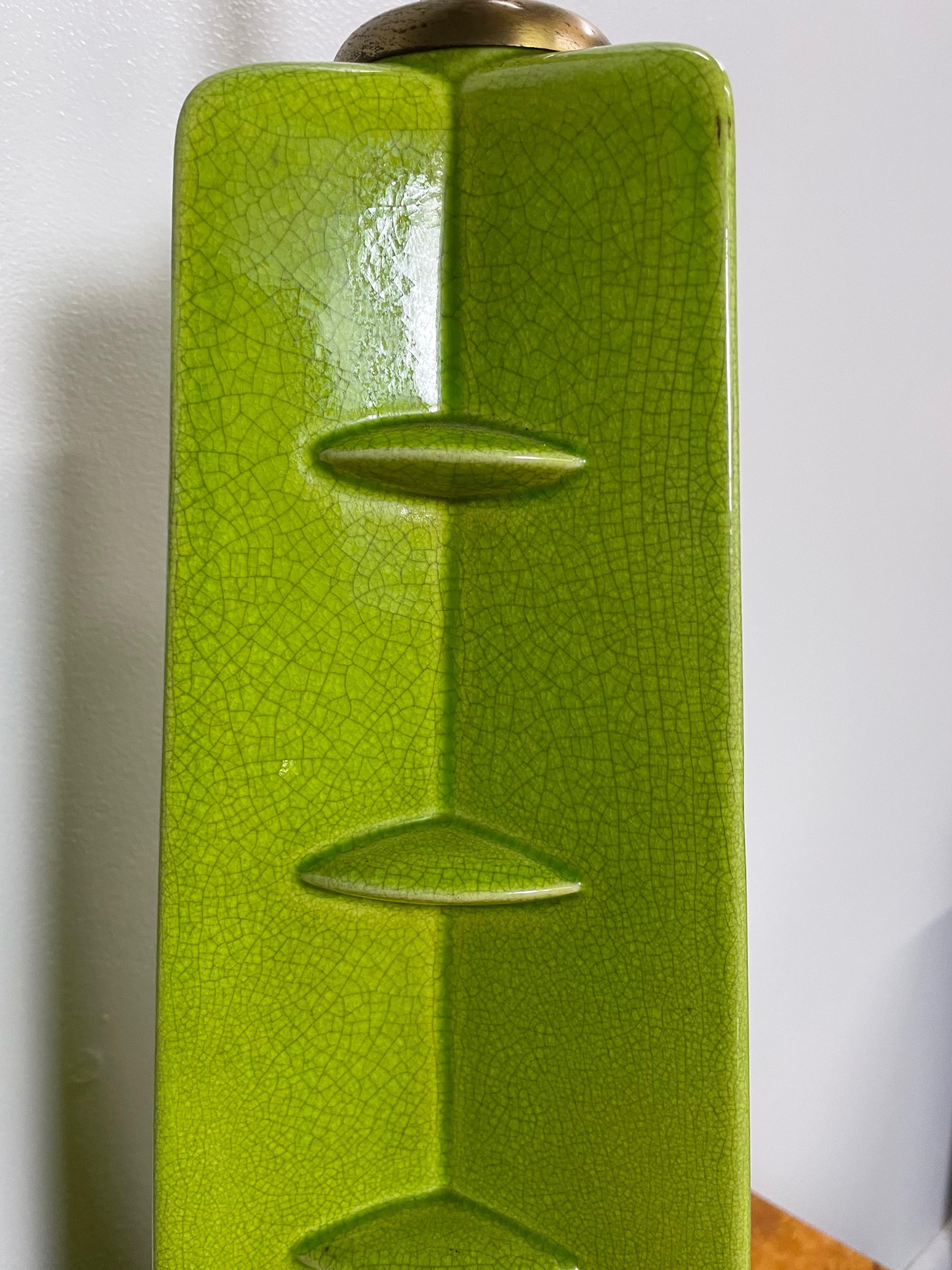 20th Century Glazed Chartreuse Ceramic Mid Century Table Lamps Frank Lloyd Wright Style