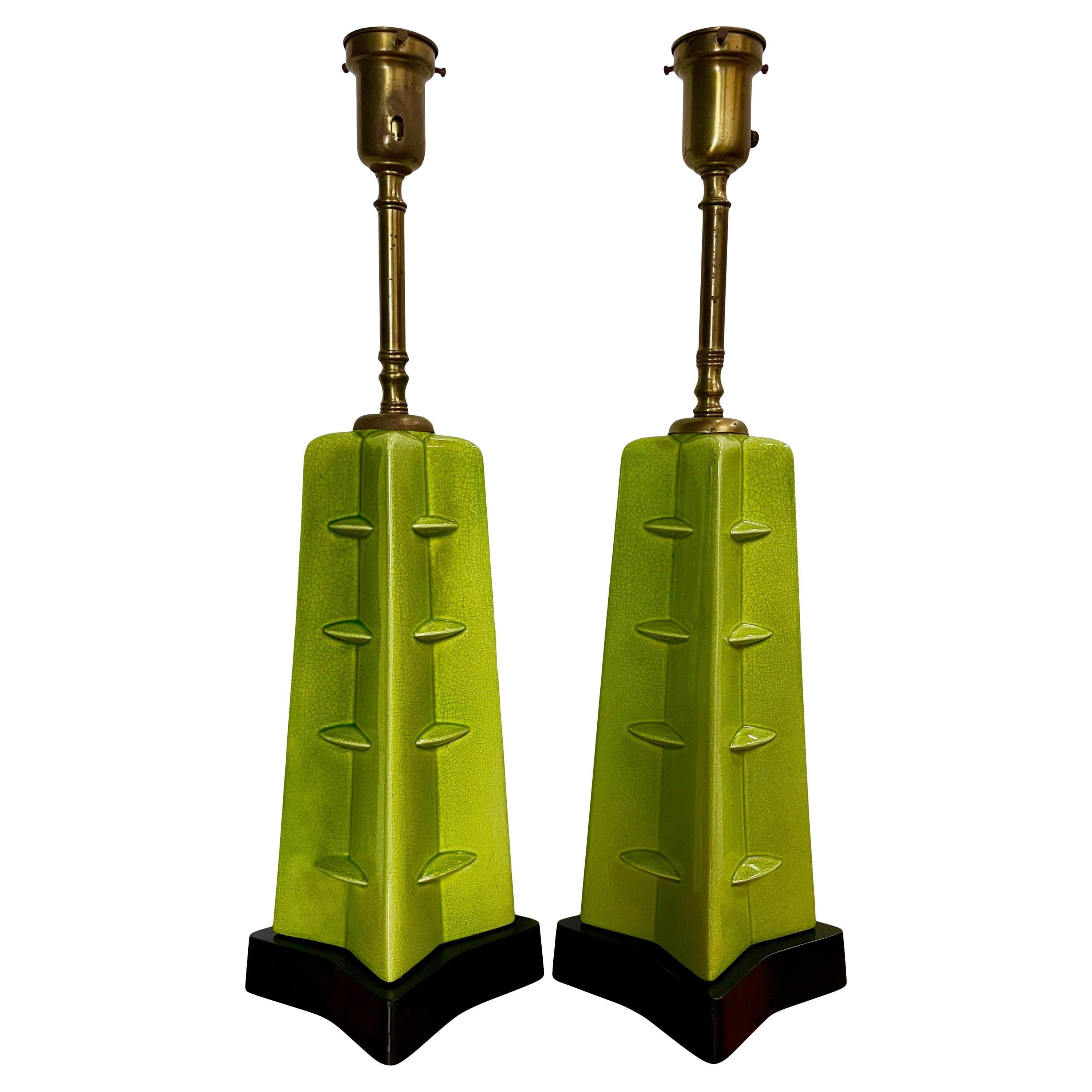 Glazed Chartreuse Ceramic Mid Century, Frank Lloyd Wright Style Table Lamps
