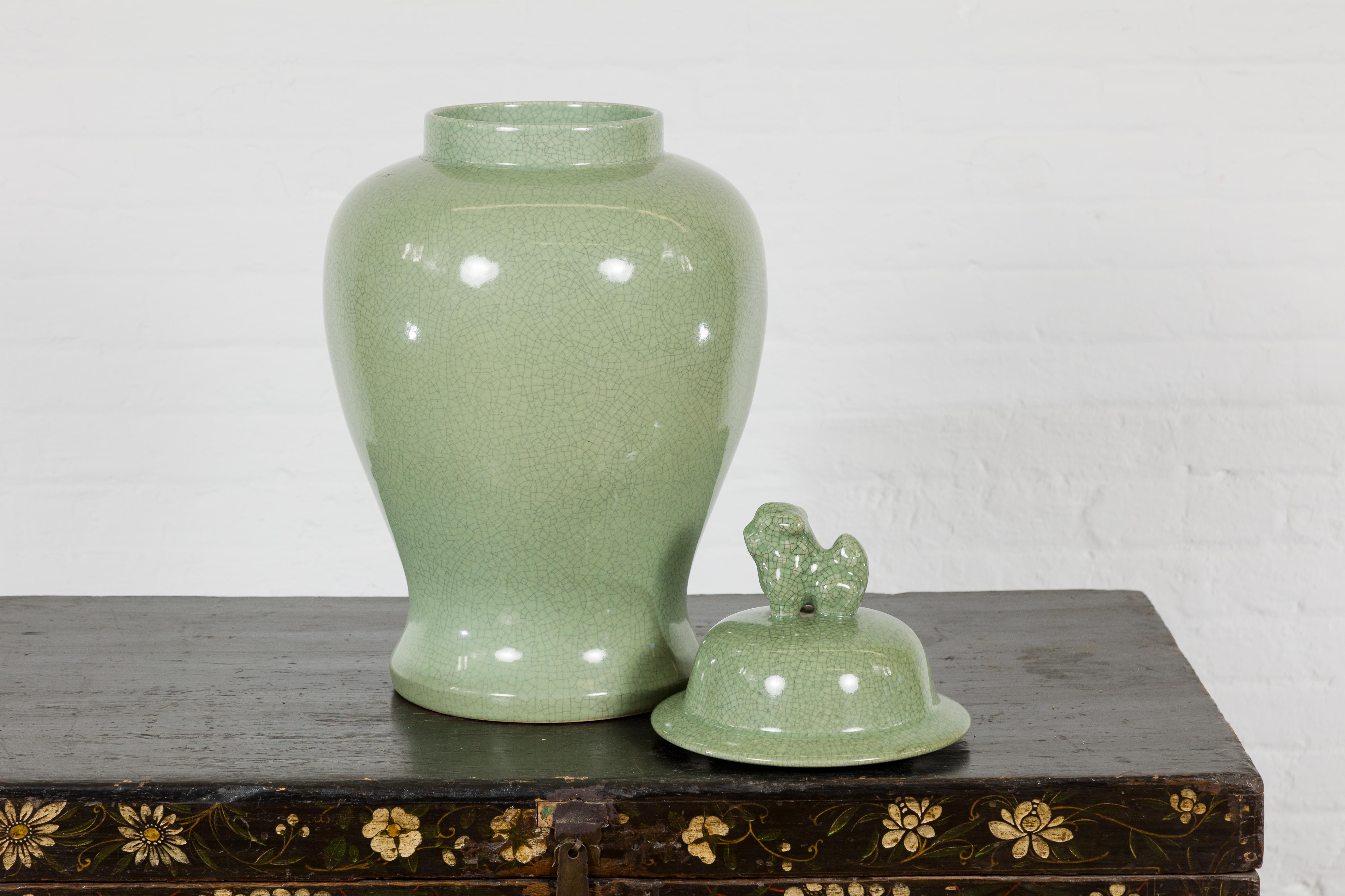 Crackle Green Celadon Lidded Vase with Stylized Foo Dog Finial For Sale 3