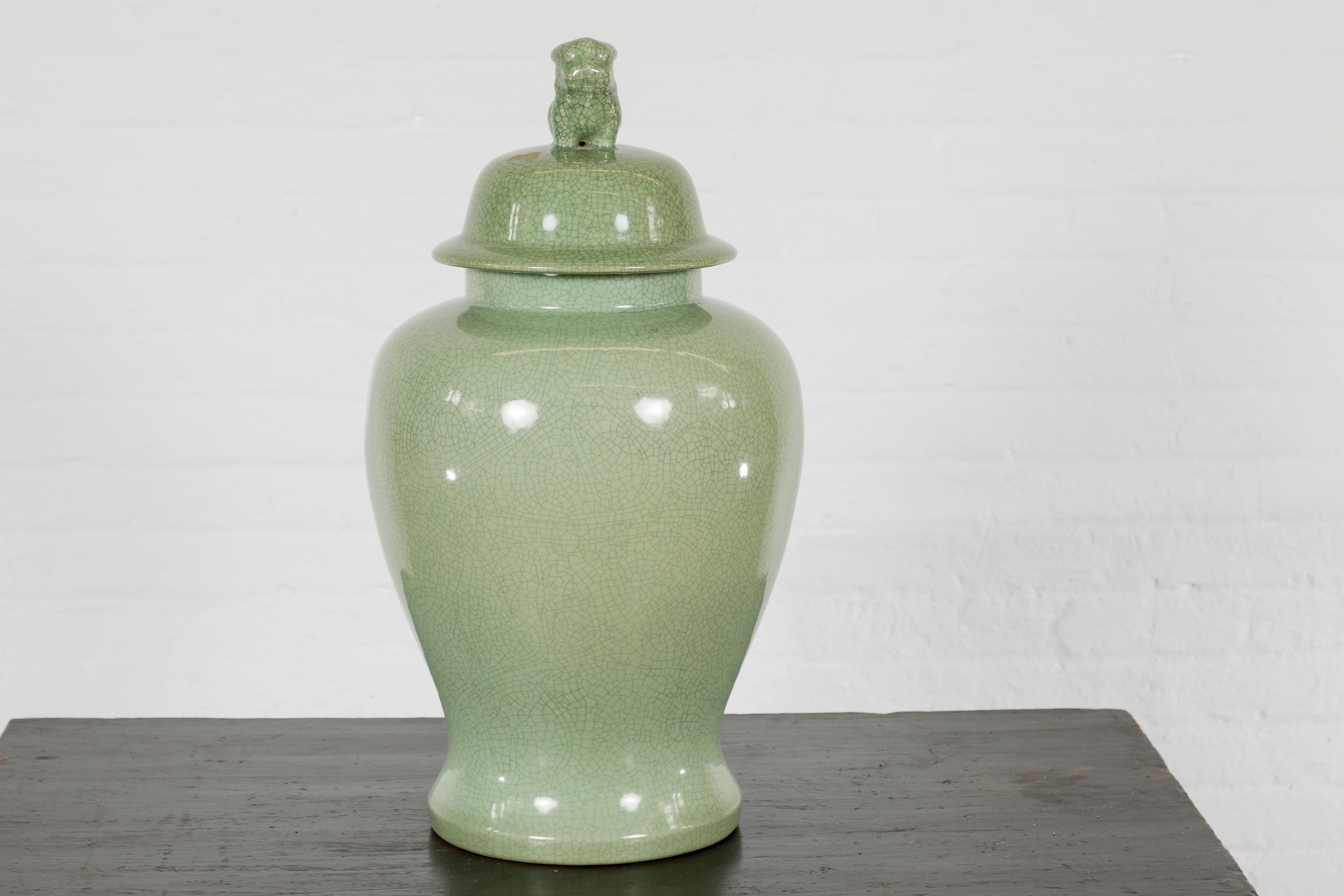Crackle Green Celadon Lidded Vase with Stylized Foo Dog Finial For Sale 4