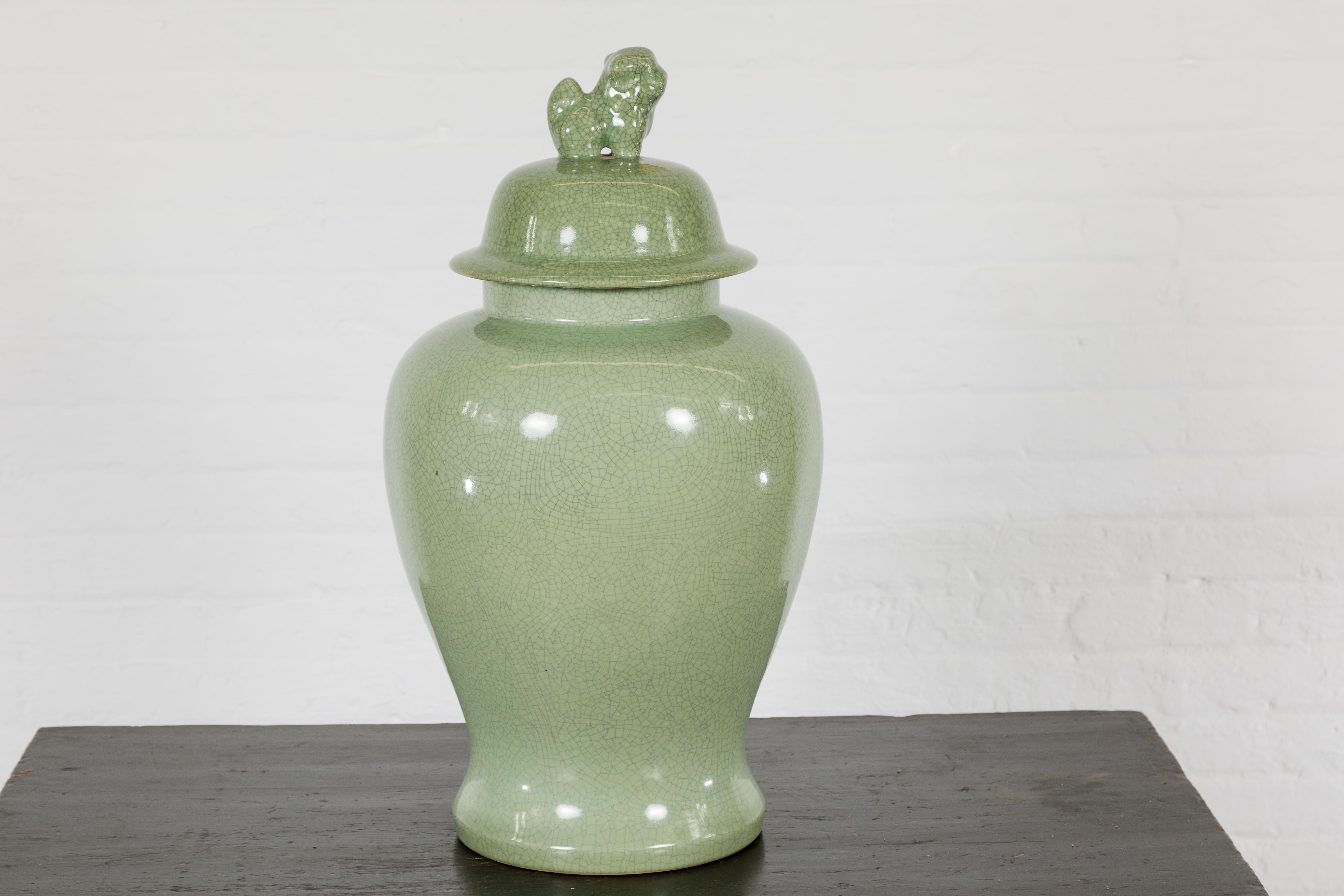 Crackle Green Celadon Lidded Vase with Stylized Foo Dog Finial For Sale 5