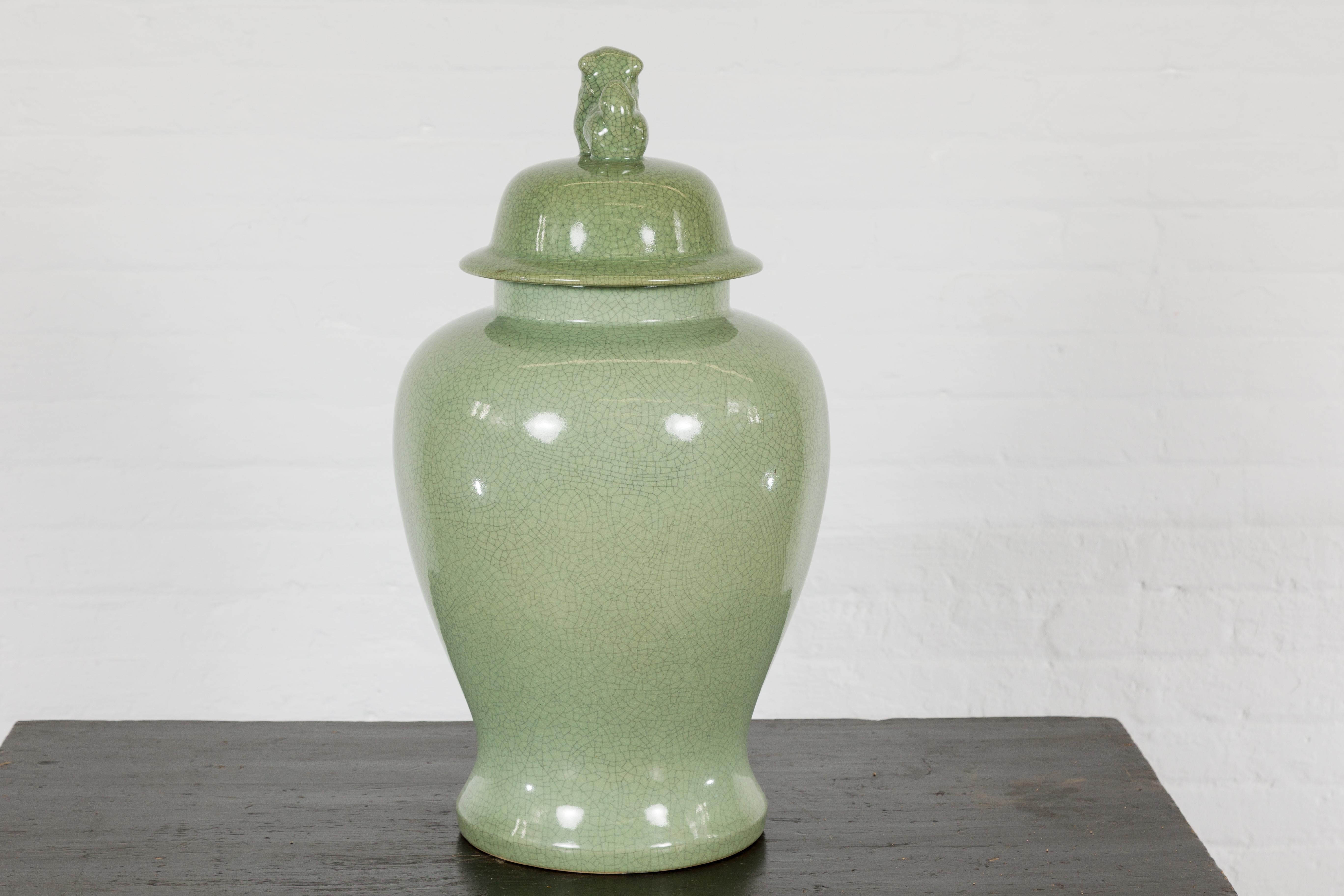 Crackle Green Celadon Lidded Vase with Stylized Foo Dog Finial For Sale 6