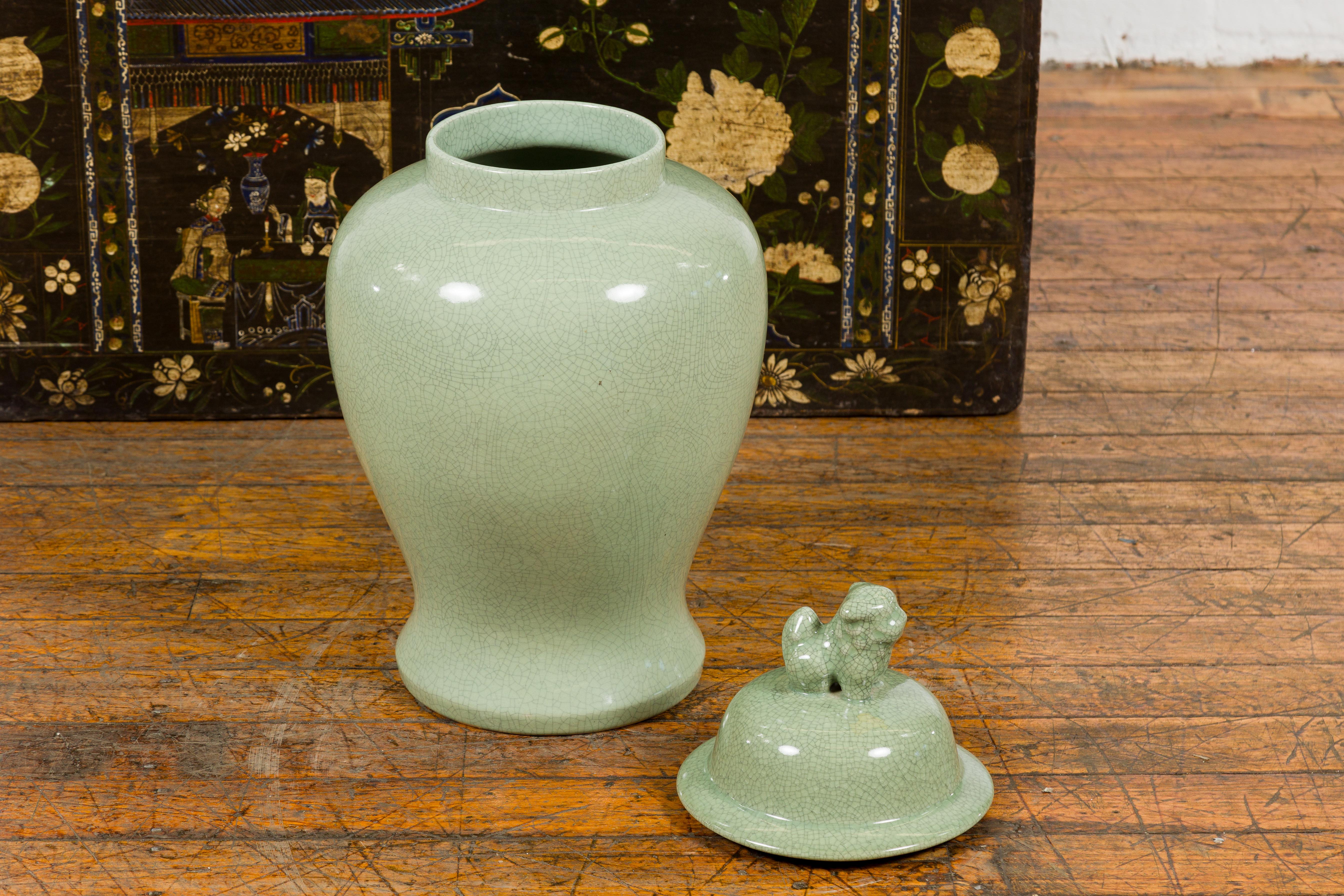 Crackle Green Celadon Lidded Vase with Stylized Foo Dog Finial For Sale 7
