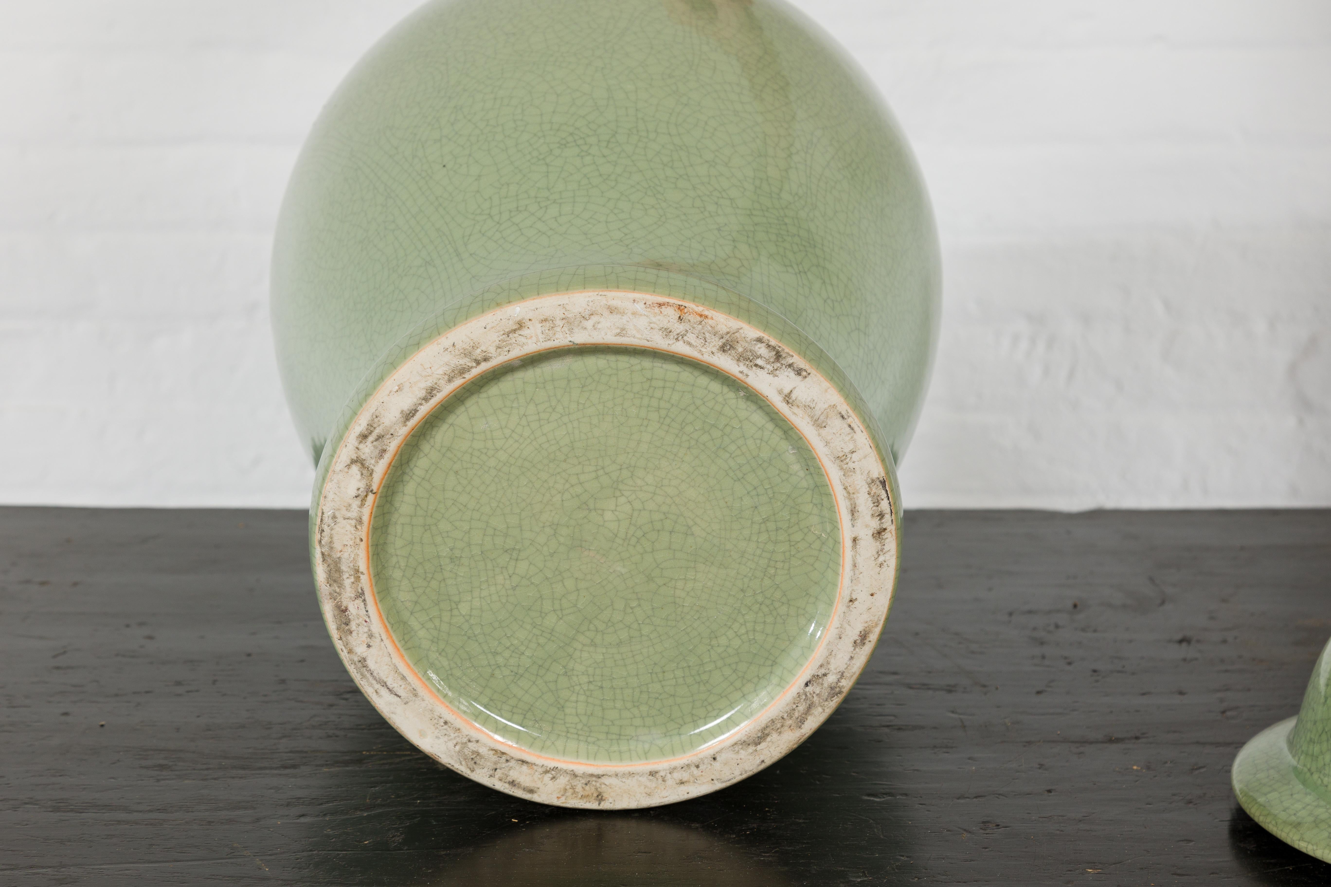 Crackle Green Celadon Lidded Vase with Stylized Foo Dog Finial For Sale 8