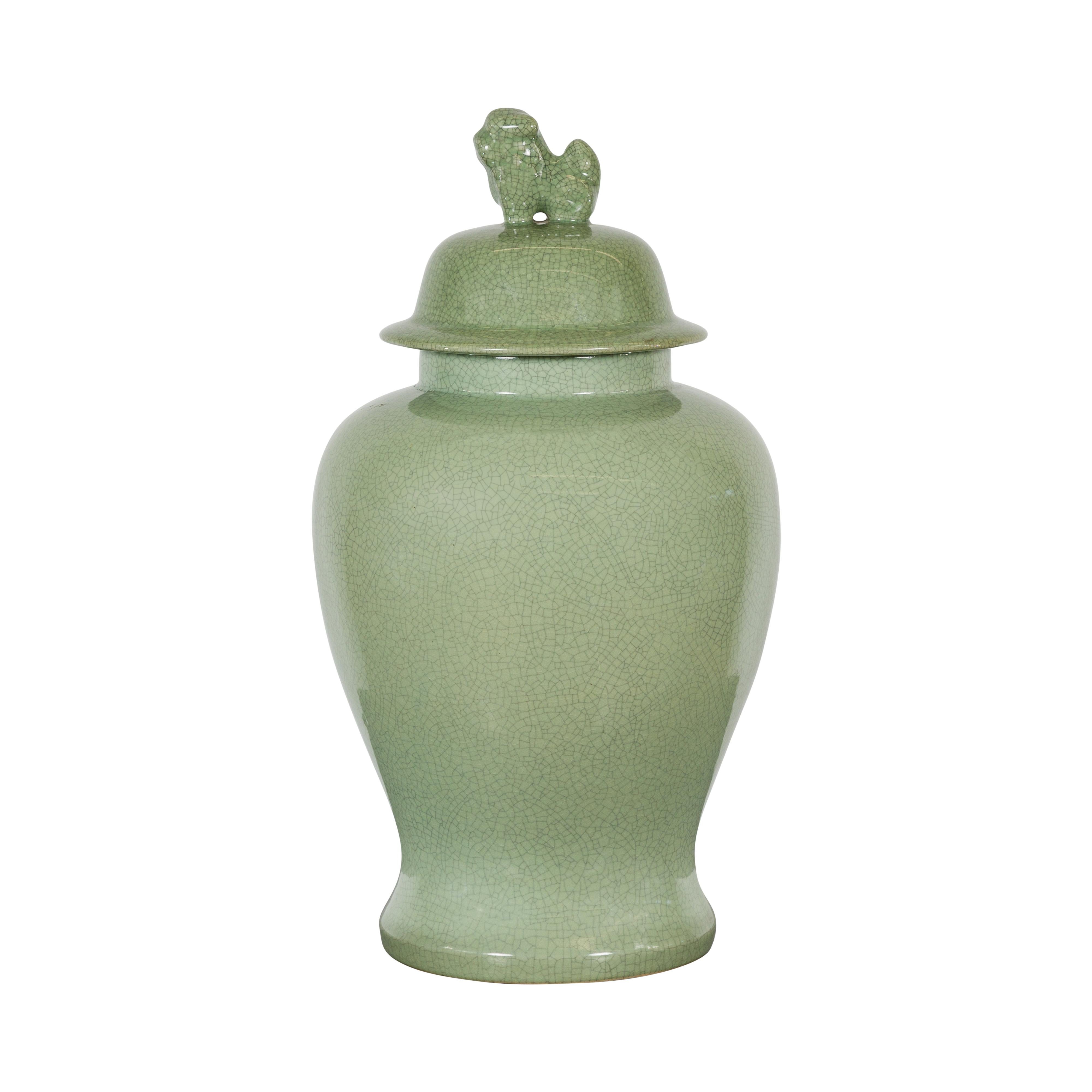 Crackle Green Celadon Lidded Vase with Stylized Foo Dog Finial For Sale 9