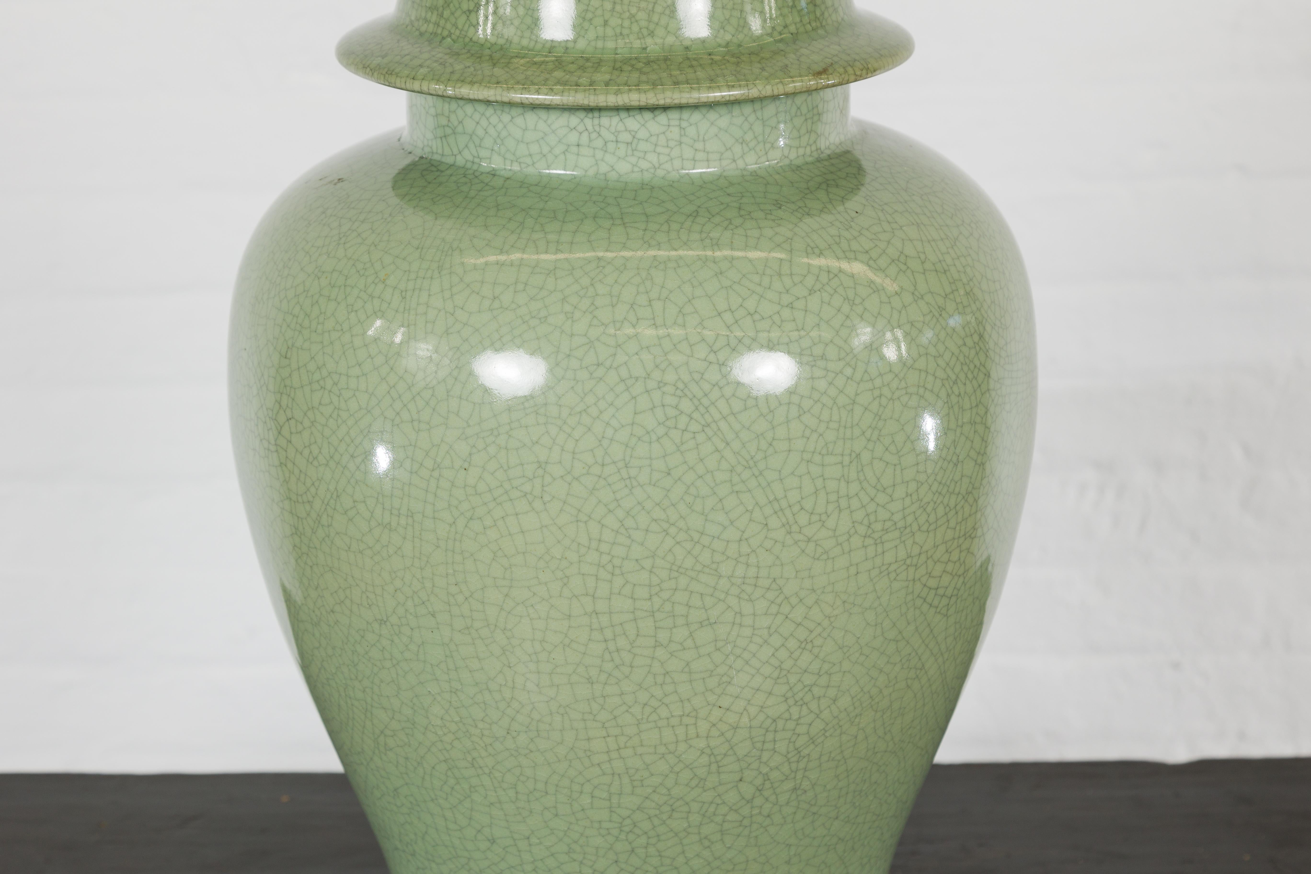 Crackle Green Celadon Lidded Vase with Stylized Foo Dog Finial In Good Condition For Sale In Yonkers, NY