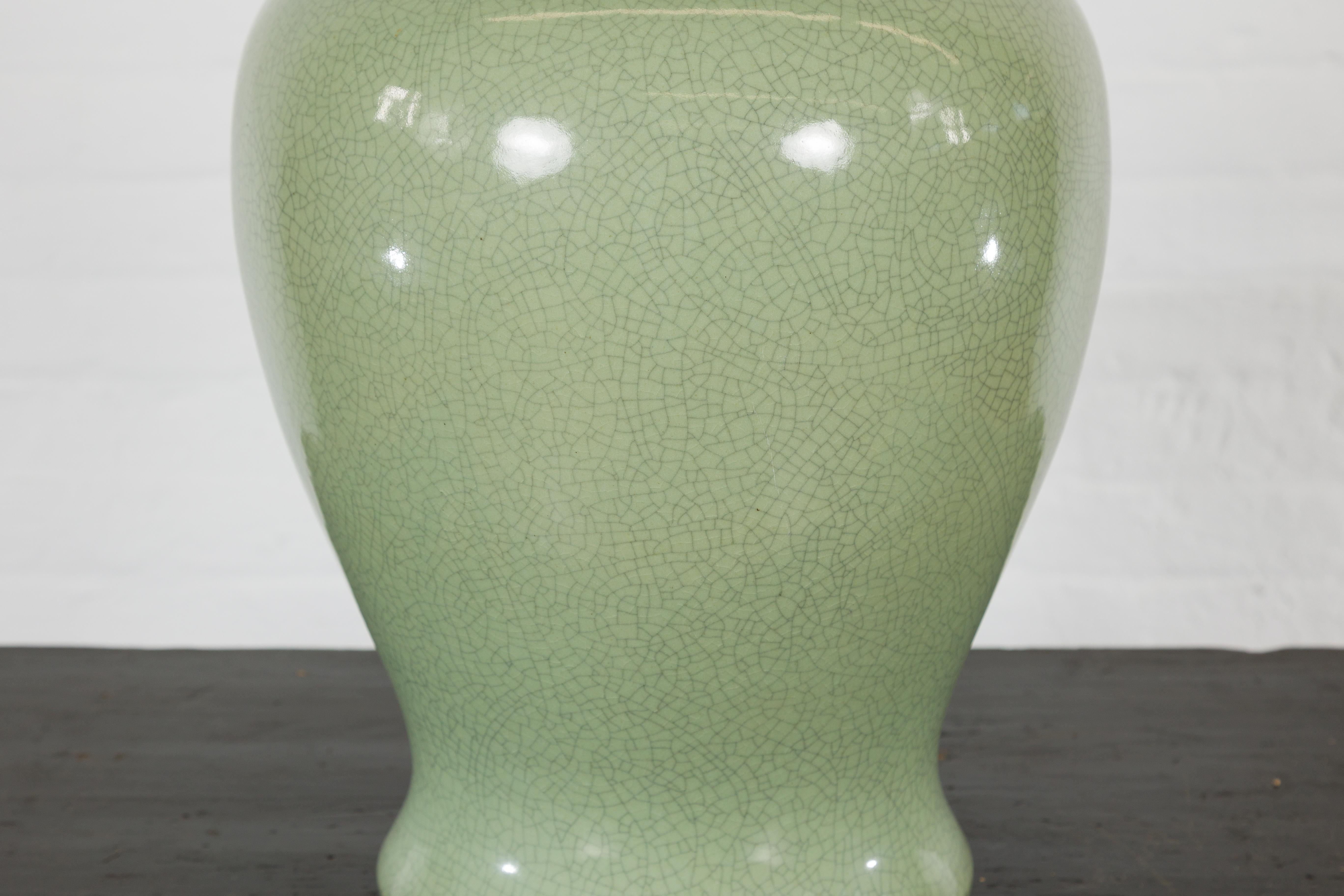 20th Century Crackle Green Celadon Lidded Vase with Stylized Foo Dog Finial For Sale