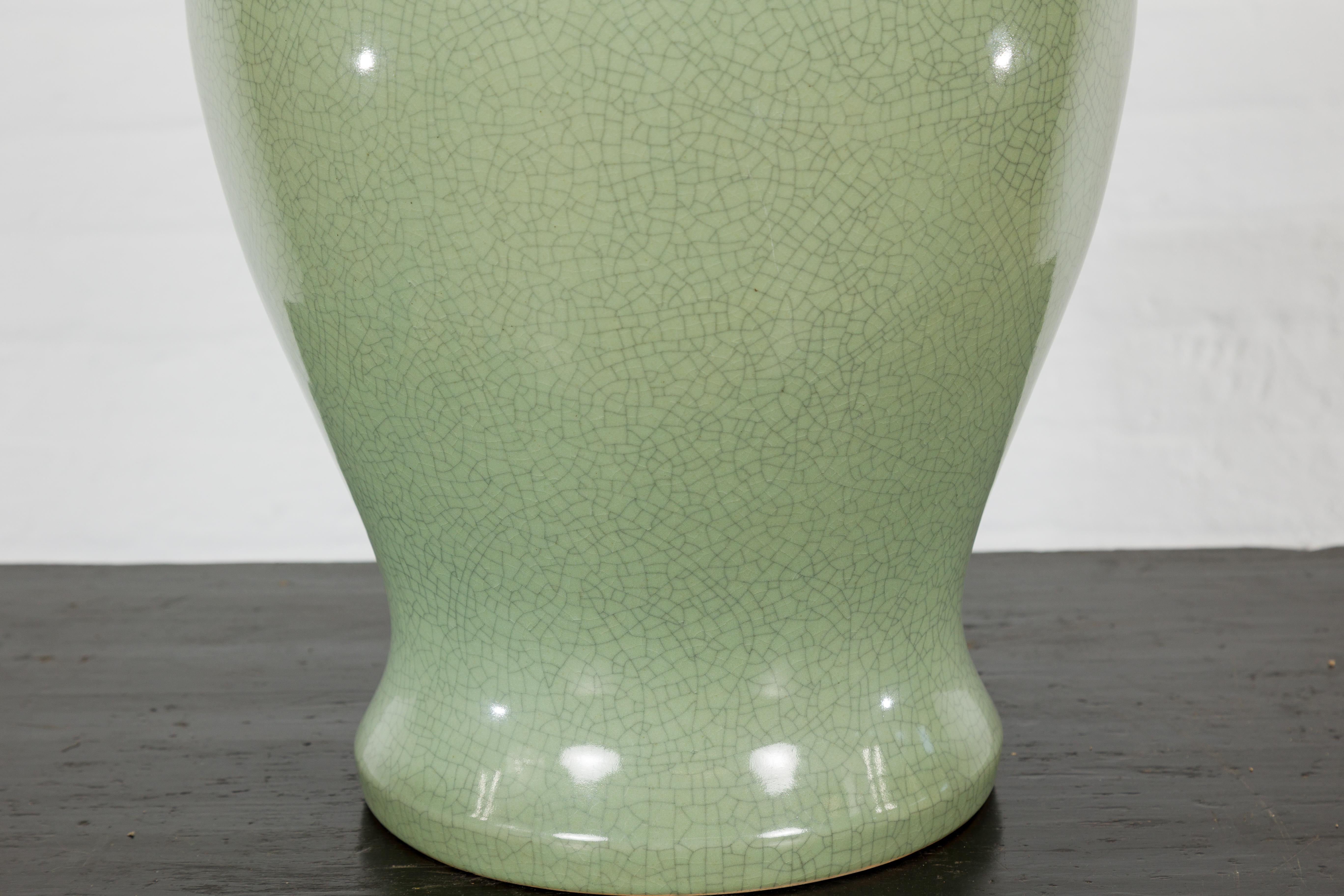 Ceramic Crackle Green Celadon Lidded Vase with Stylized Foo Dog Finial For Sale