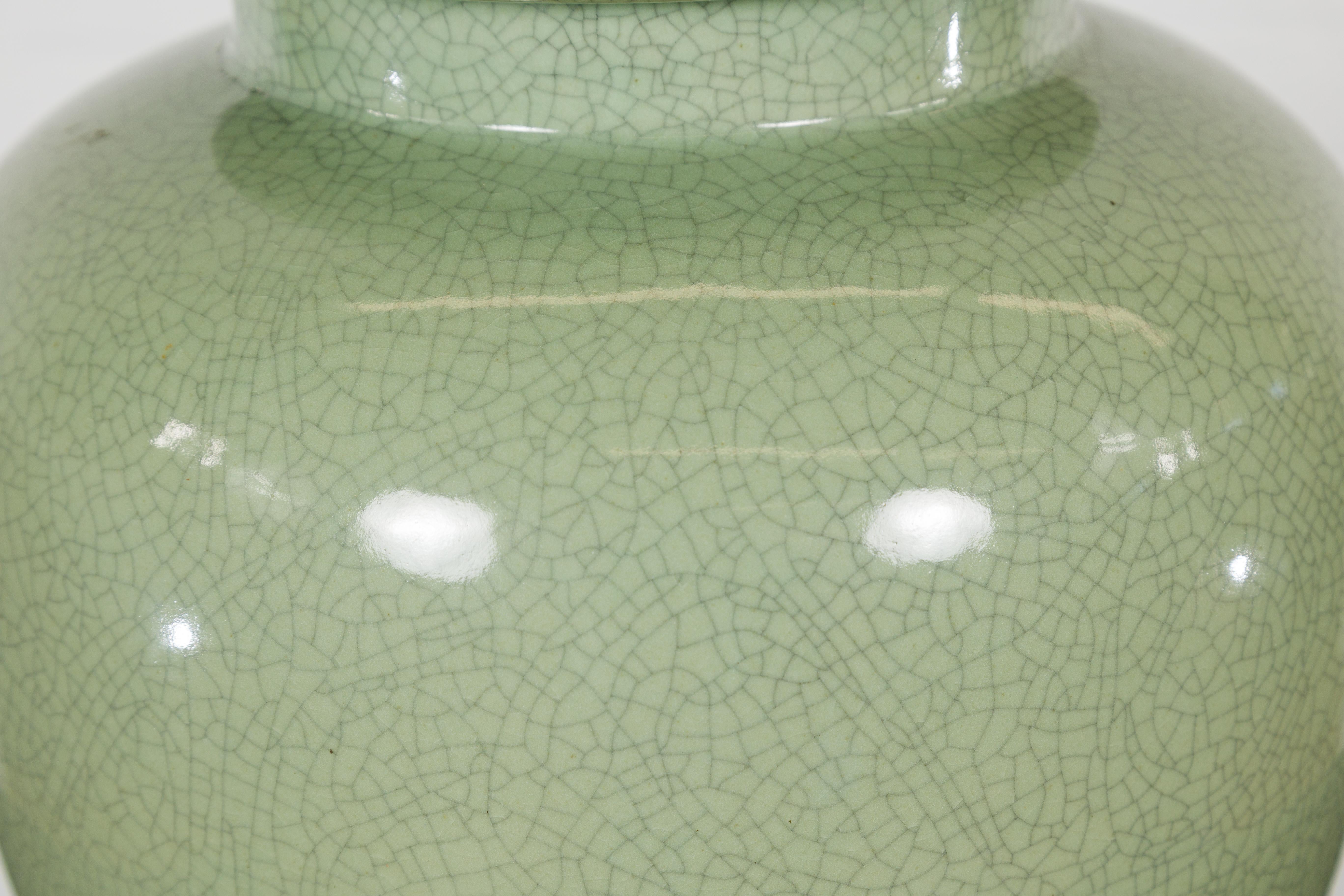 Crackle Green Celadon Lidded Vase with Stylized Foo Dog Finial For Sale 1