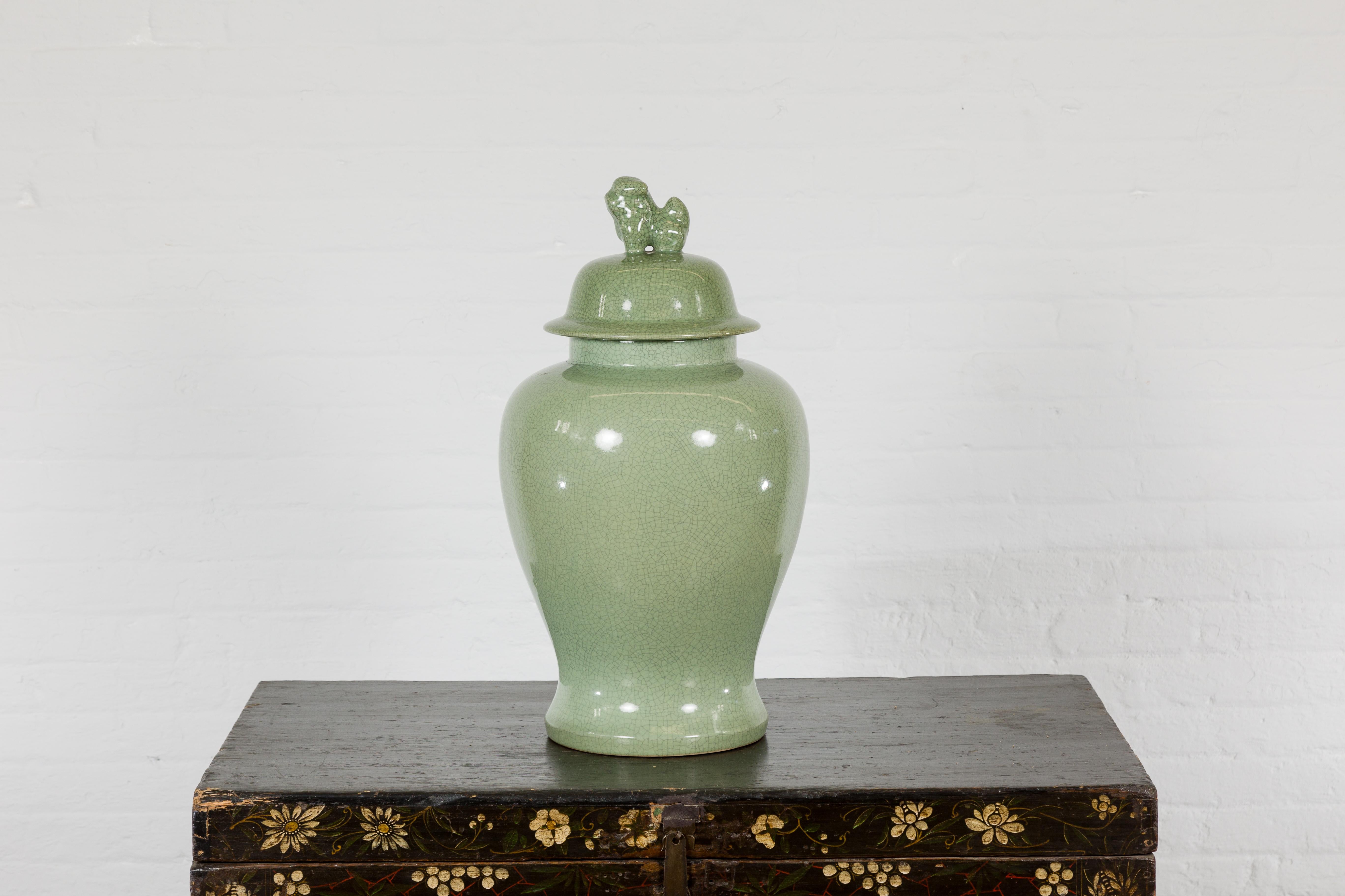 Crackle Green Celadon Lidded Vase with Stylized Foo Dog Finial For Sale 2