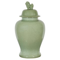 Vintage Crackle Green Celadon Lidded Vase with Stylized Foo Dog Finial