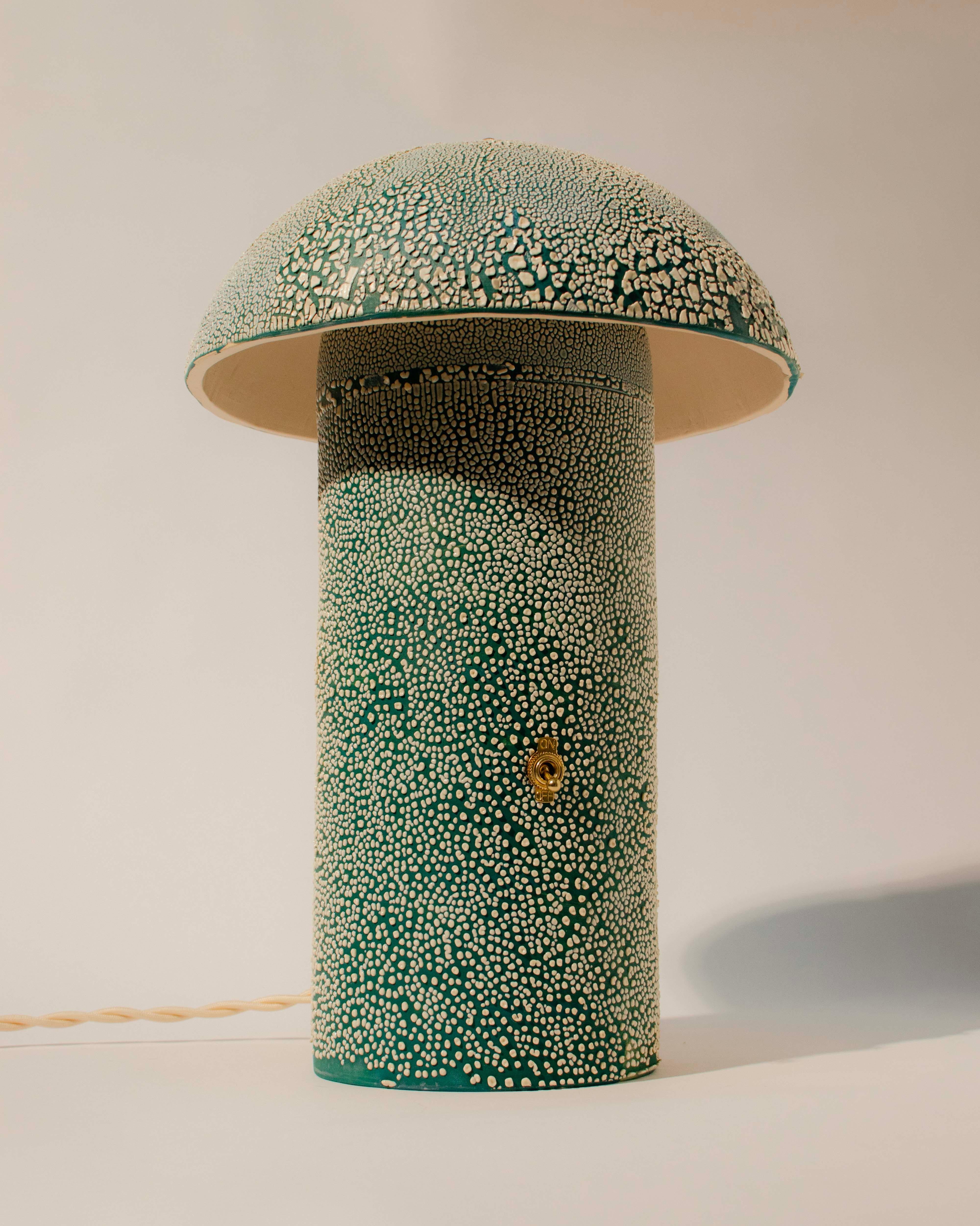 Mid-Century Modern Crackle Textured Handmade Ceramic Mushroom Lamp, Blue For Sale
