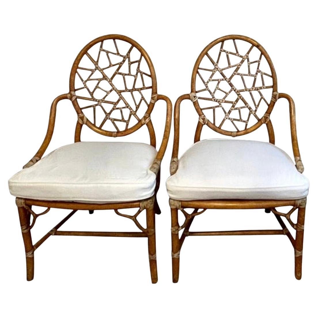 Crackled Finish Signed  McGuire Cracked Ice Chairs with Leather Lashing For Sale