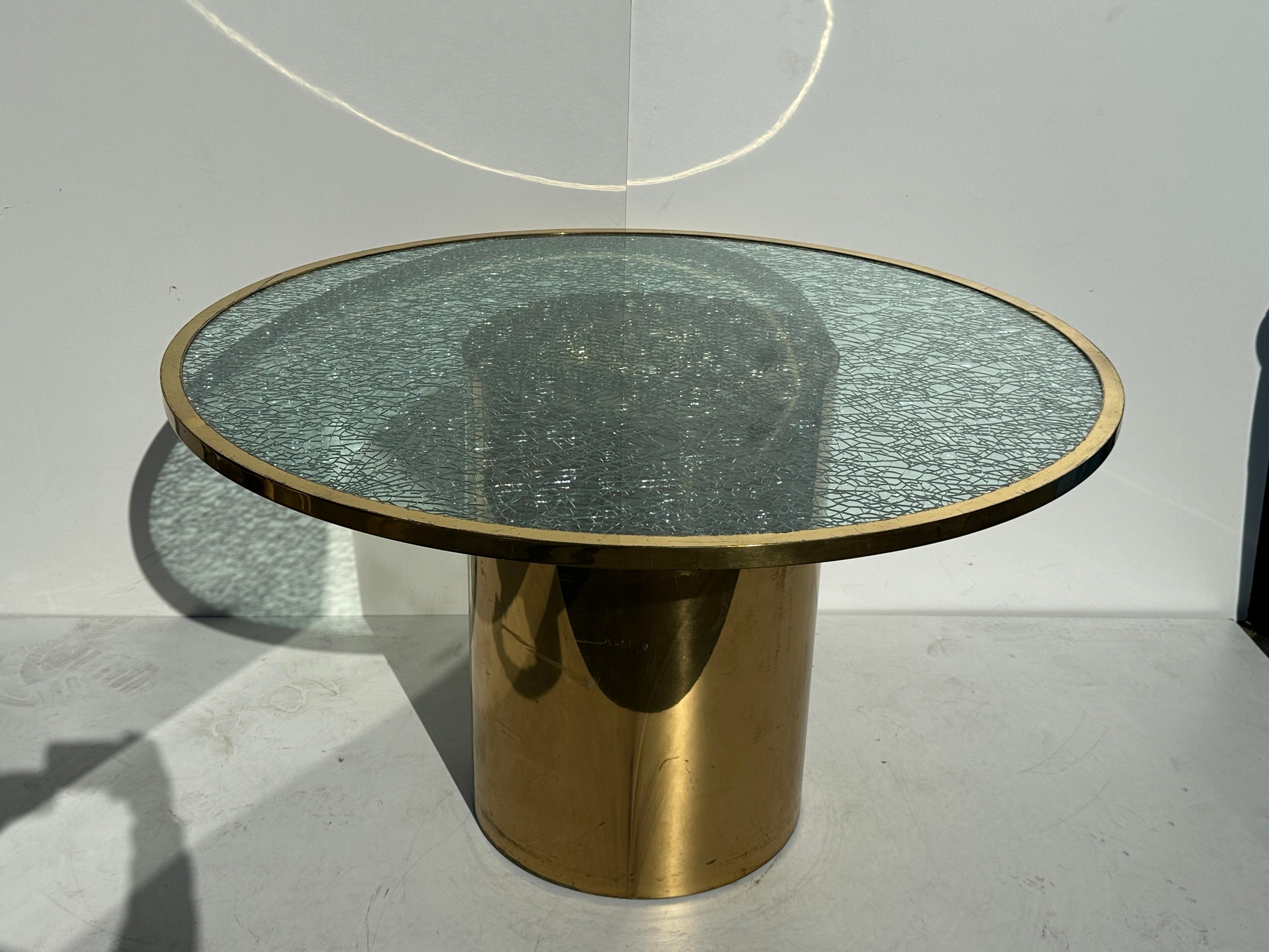 Crackled grass and brass dining or occasional table in the manner of Steve Chase. Brass base is 20