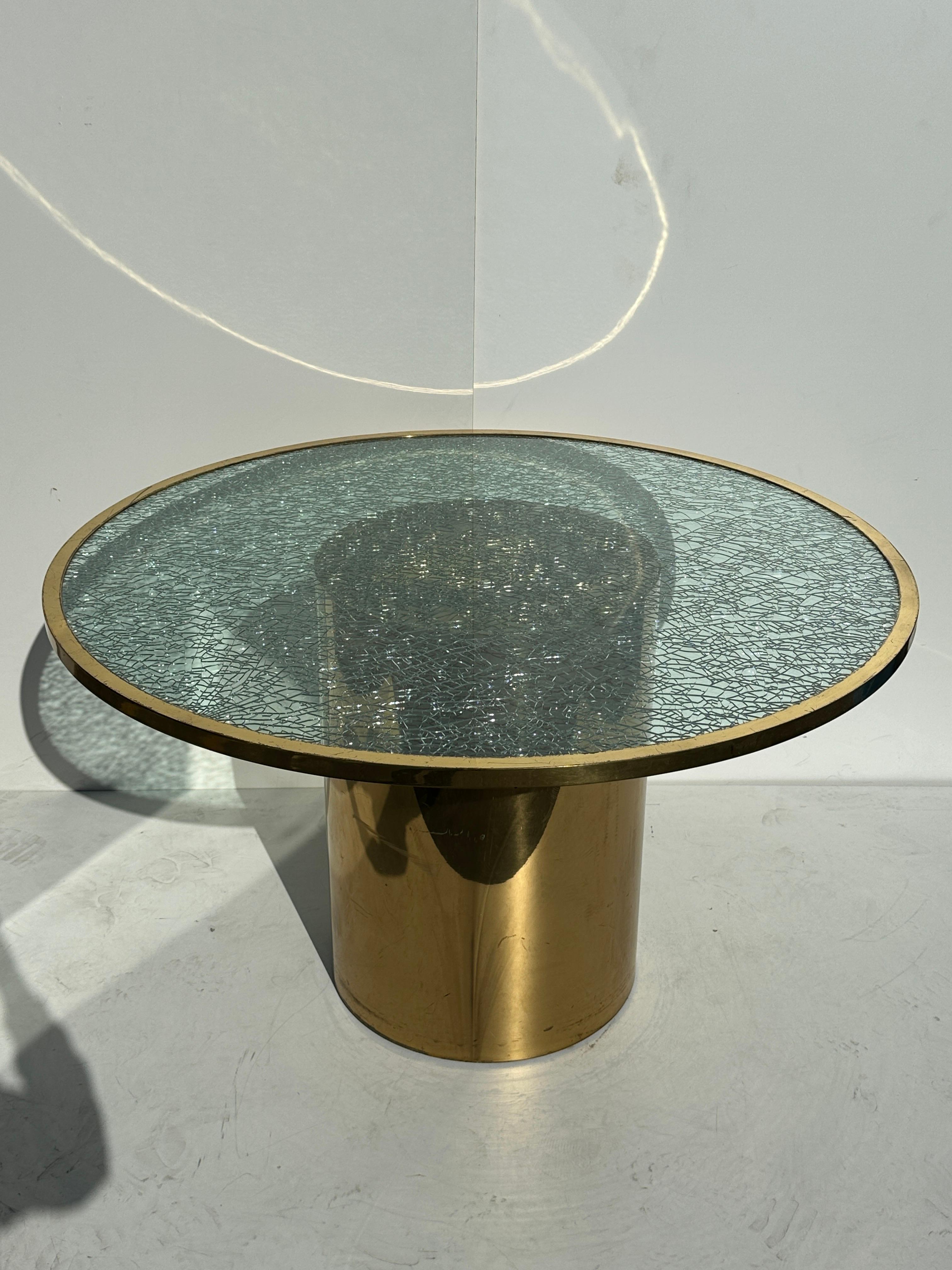 Late 20th Century Crackled Glass and Brass Dining Occasional Table For Sale