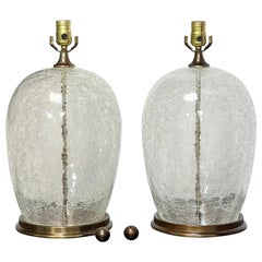 Crackled Glass Large Orb Pair of Table Lamps