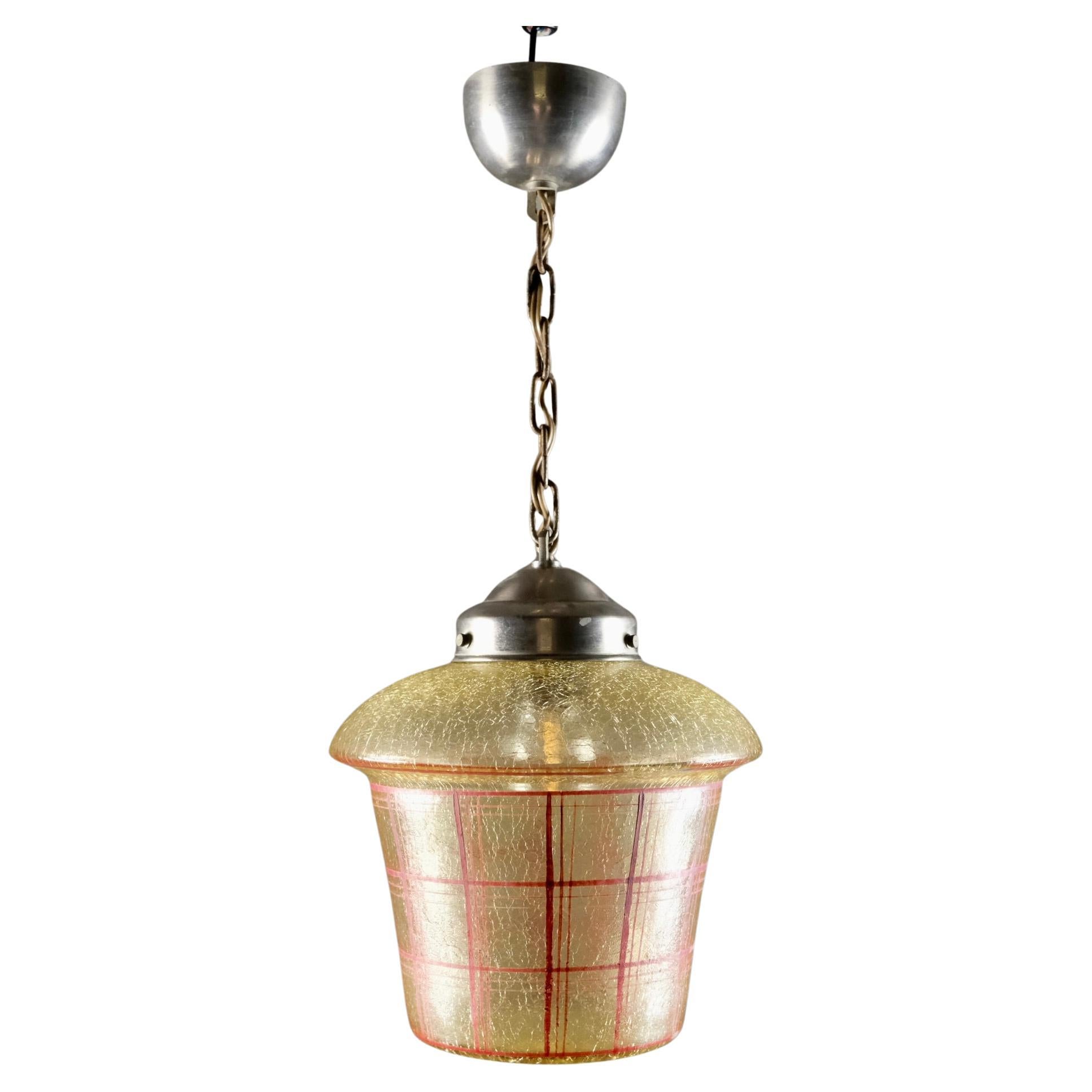 Farol de mediados de siglo de vidrio craquelado con motivo cuadriculado, Francia, años 50