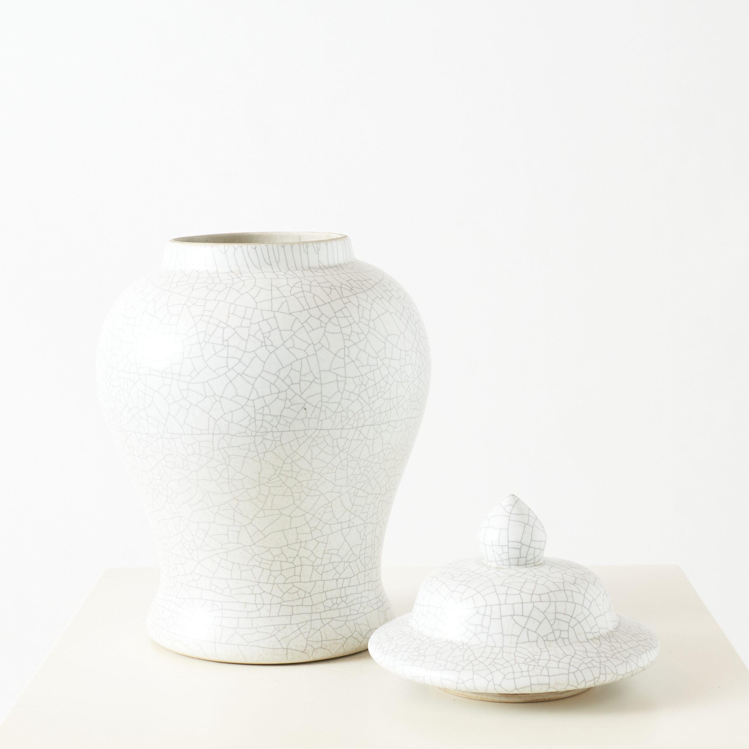 Crackled Glaze Lidded Jar

Ceramic jar with a rounded body, narrow neck, and domed lid topped with a small finial. Finished in a smooth off-white crackled glaze that creates a fine network of lines across the surface. The unglazed base bears an