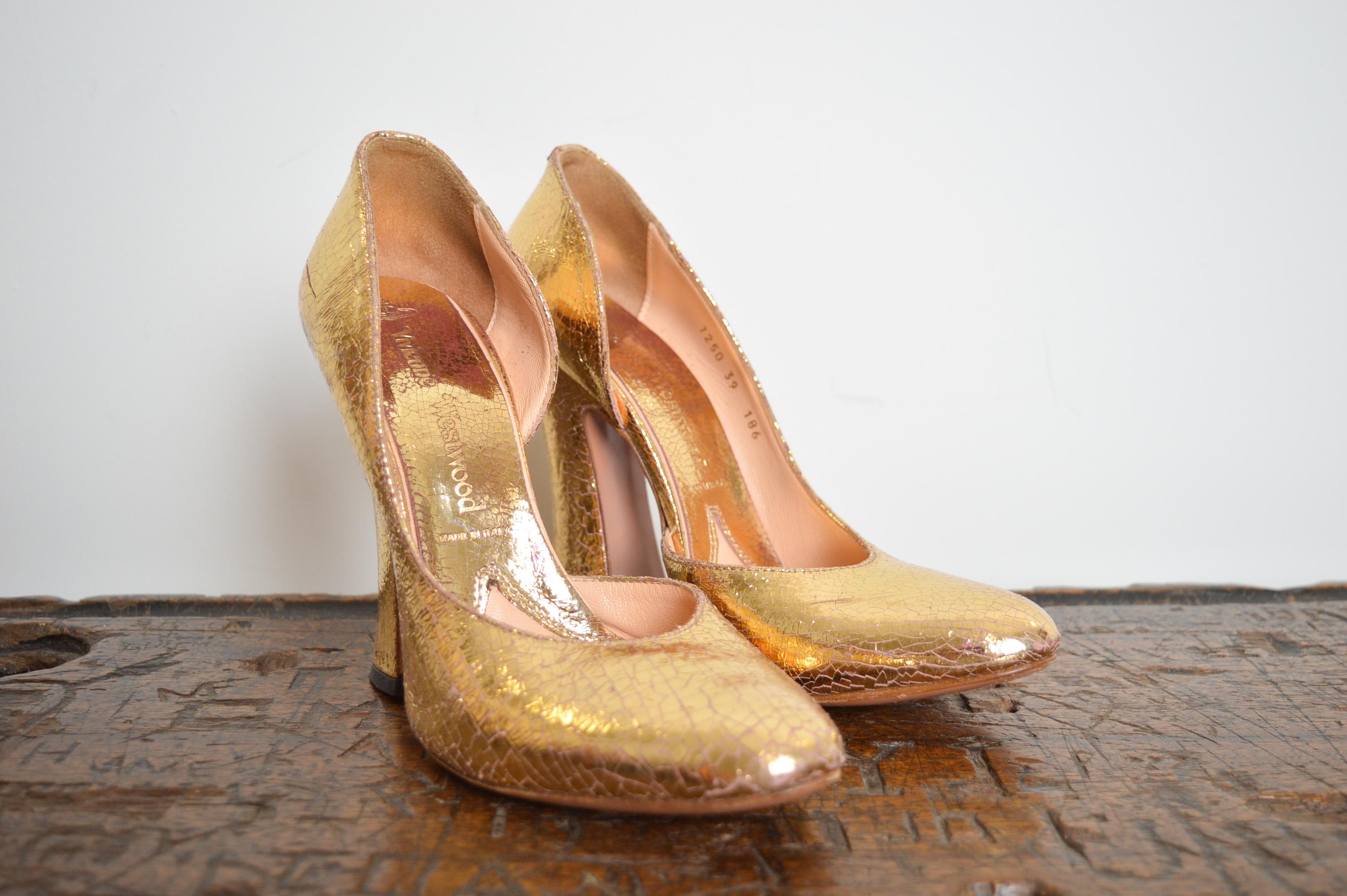 Brown Crackled Gold Vintage Vivienne Westwood Metallic High Heels / court Shoes