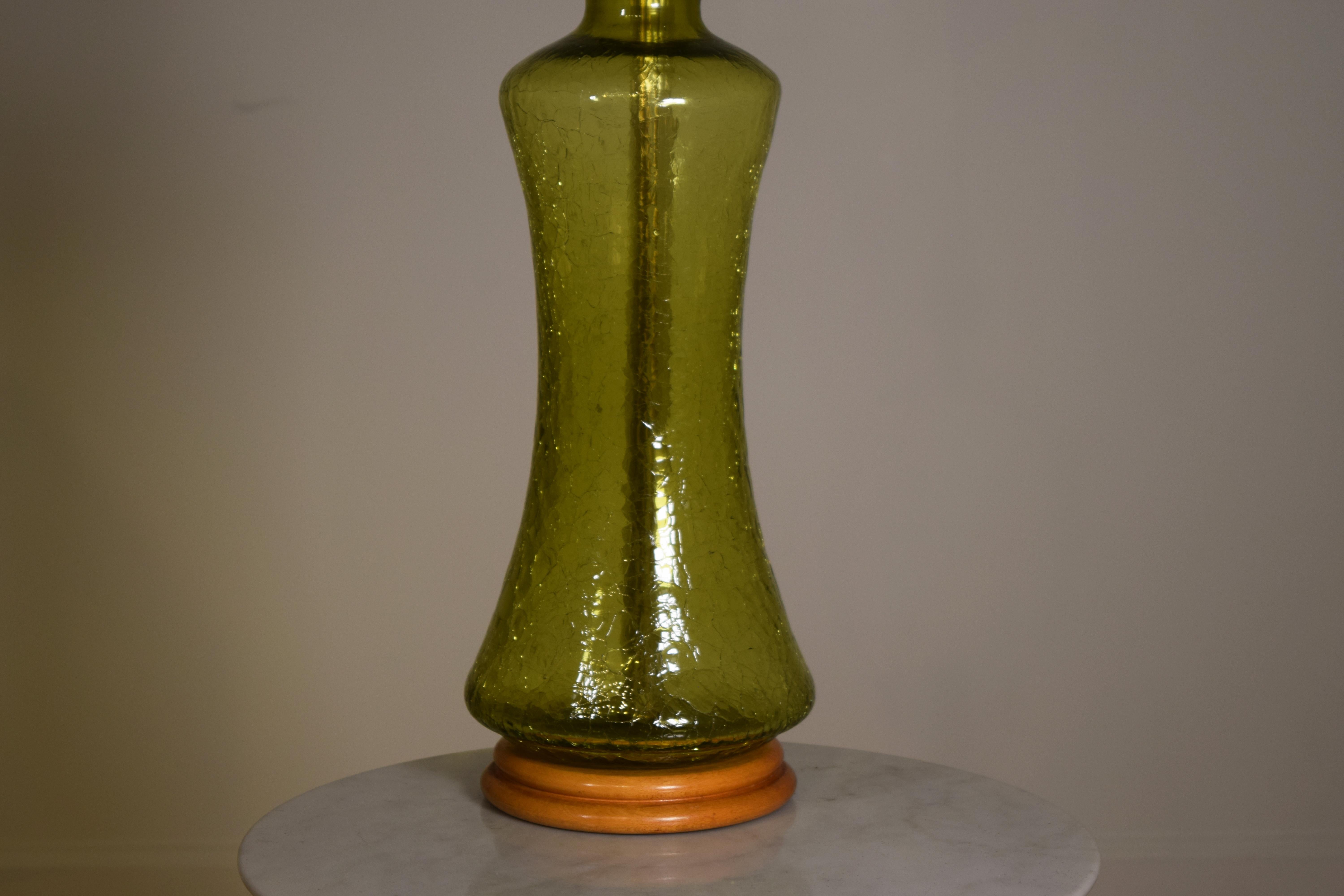 Mid-Century Modern Crackled green lamp by Blenko For Sale