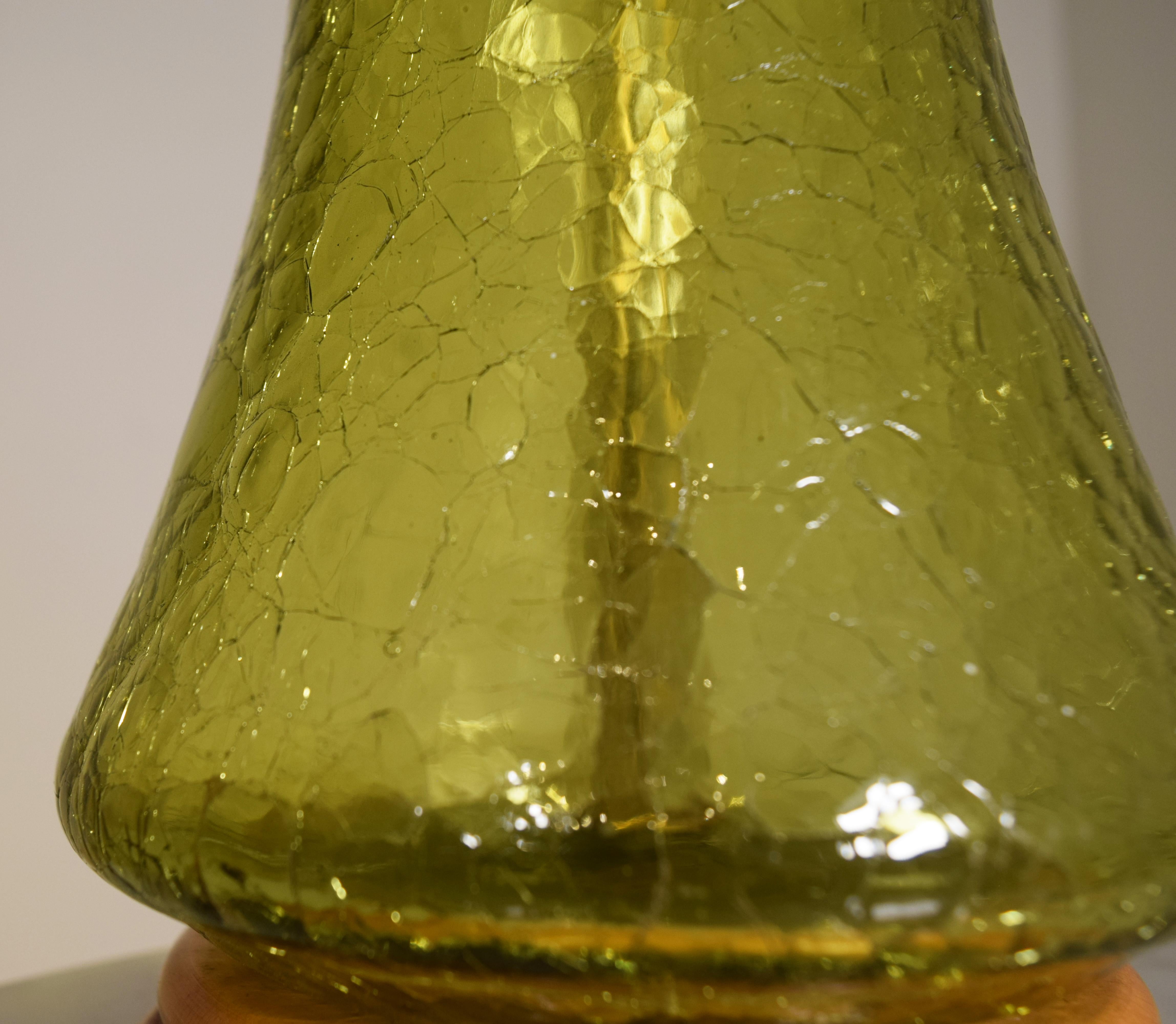 Late 20th Century Crackled green lamp by Blenko For Sale