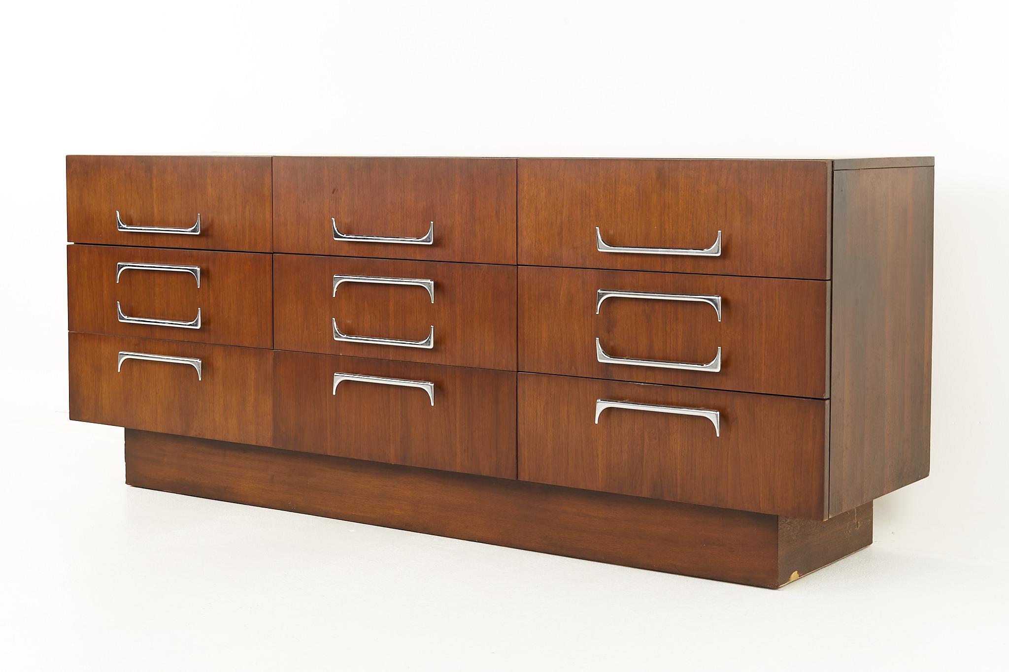 Mid-Century Modern Craft Associates Mid Century Walnut and Chrome 9 Drawer Lowboy Dresser