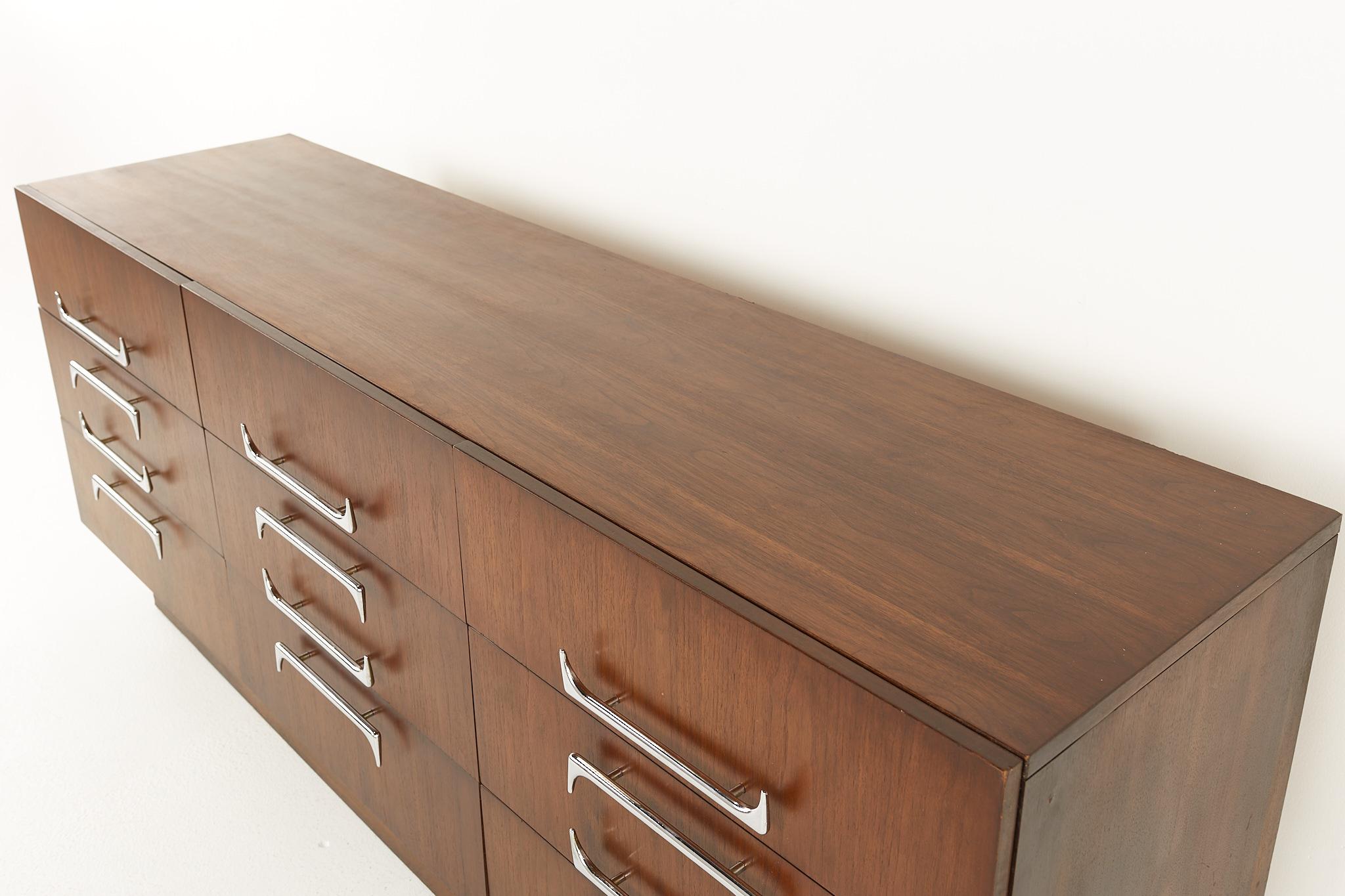 Late 20th Century Craft Associates Mid Century Walnut and Chrome 9 Drawer Lowboy Dresser
