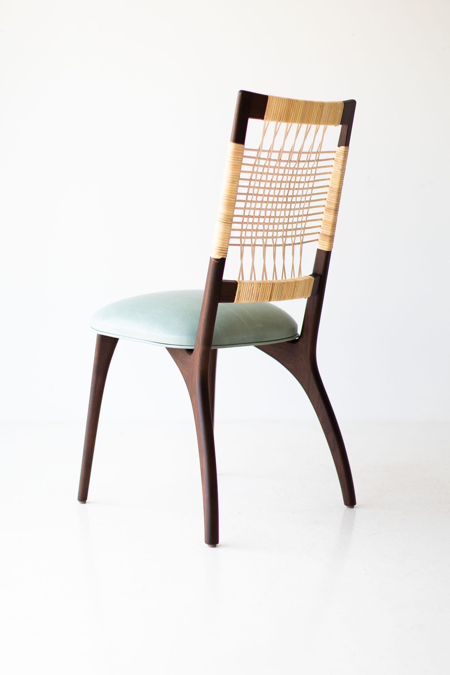 Modern Craft Caned Dining Chairs, Bonnie Caned Dining Chairs, Leather and Walnut For Sale