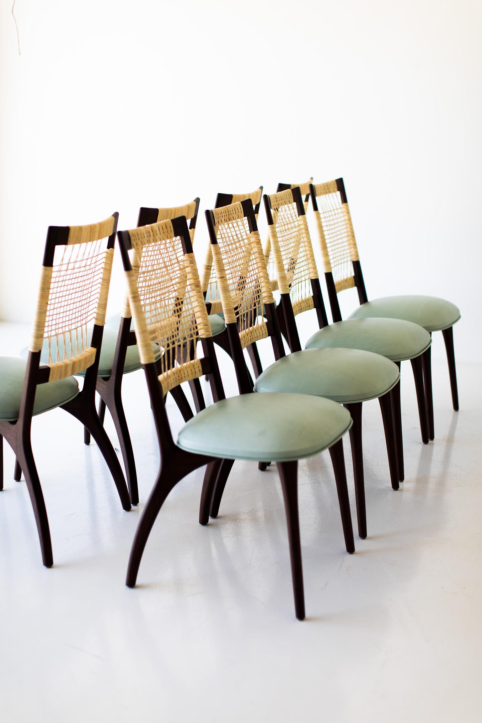 Contemporary Craft Caned Dining Chairs, Bonnie Caned Dining Chairs, Leather and Walnut For Sale