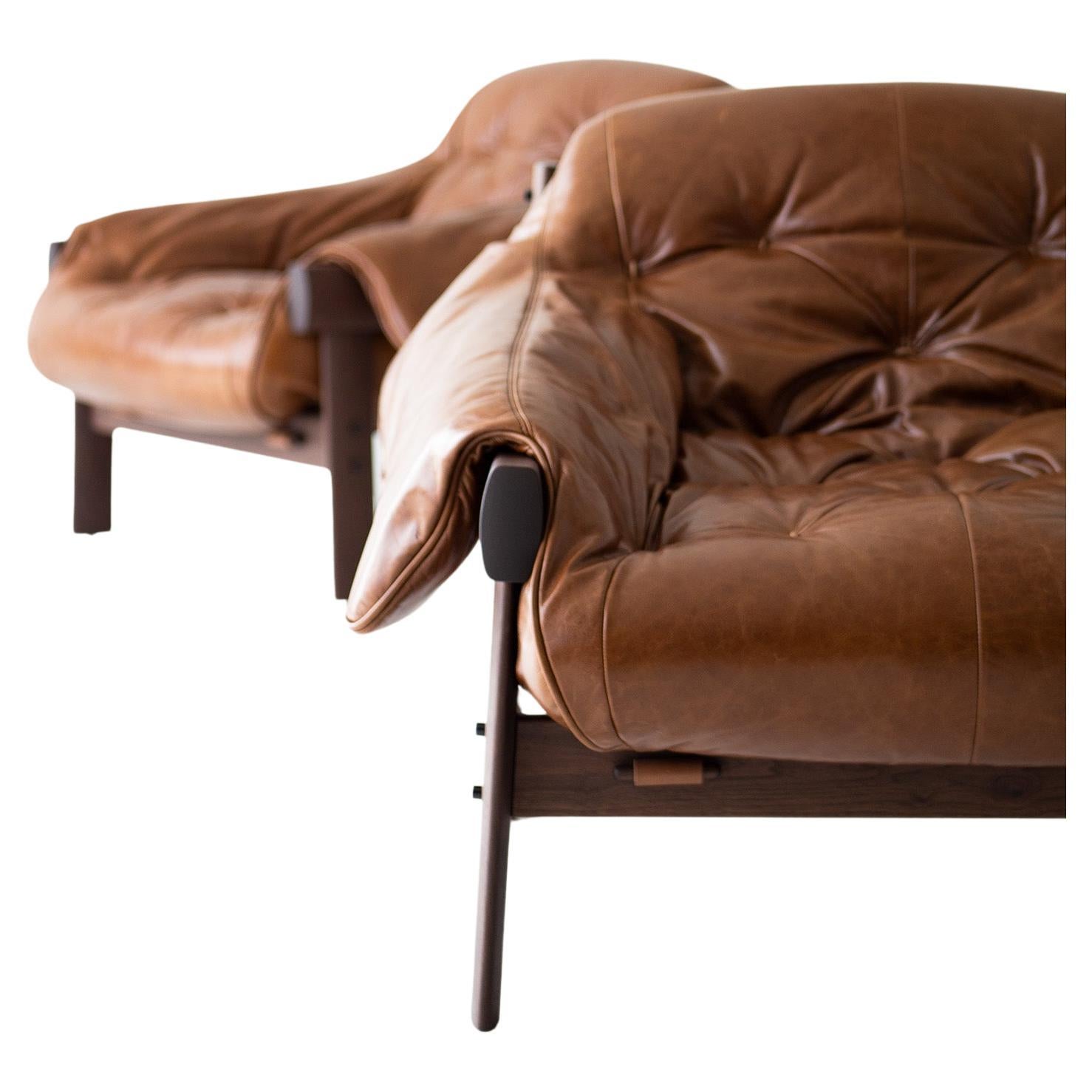Craft Lounge Chairs, Lafer Lounge Chairs, Brown Leather and Walnut, Modern