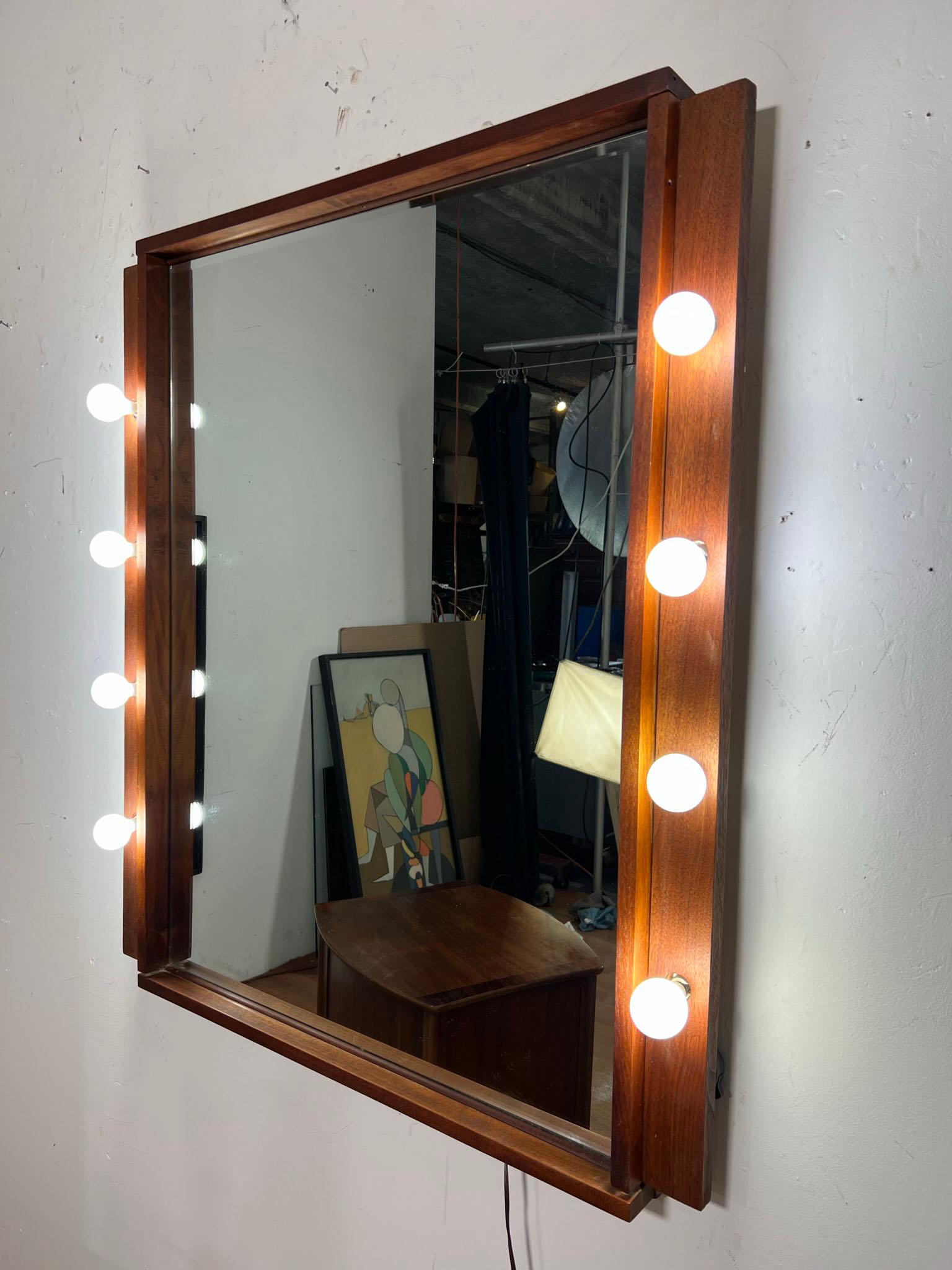 American Craft Made Walnut Wall Mirror with Lighted Vanity Surround, circa 1960s For Sale