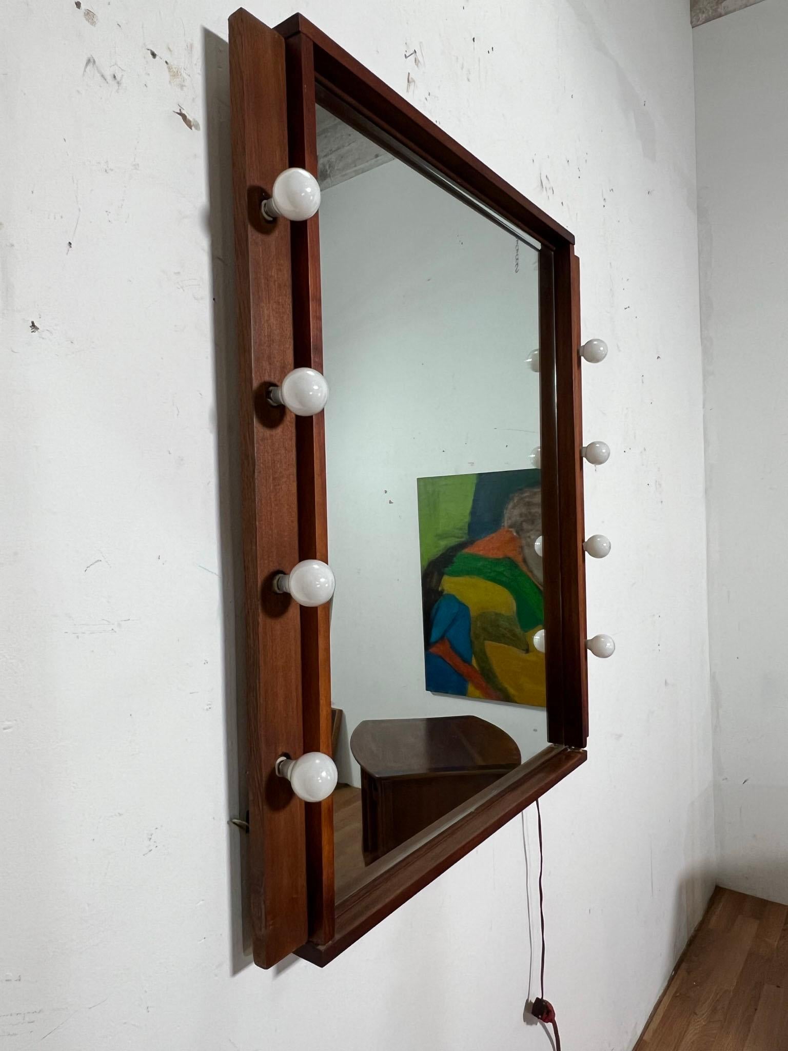 Mid-20th Century Craft Made Walnut Wall Mirror with Lighted Vanity Surround, circa 1960s For Sale