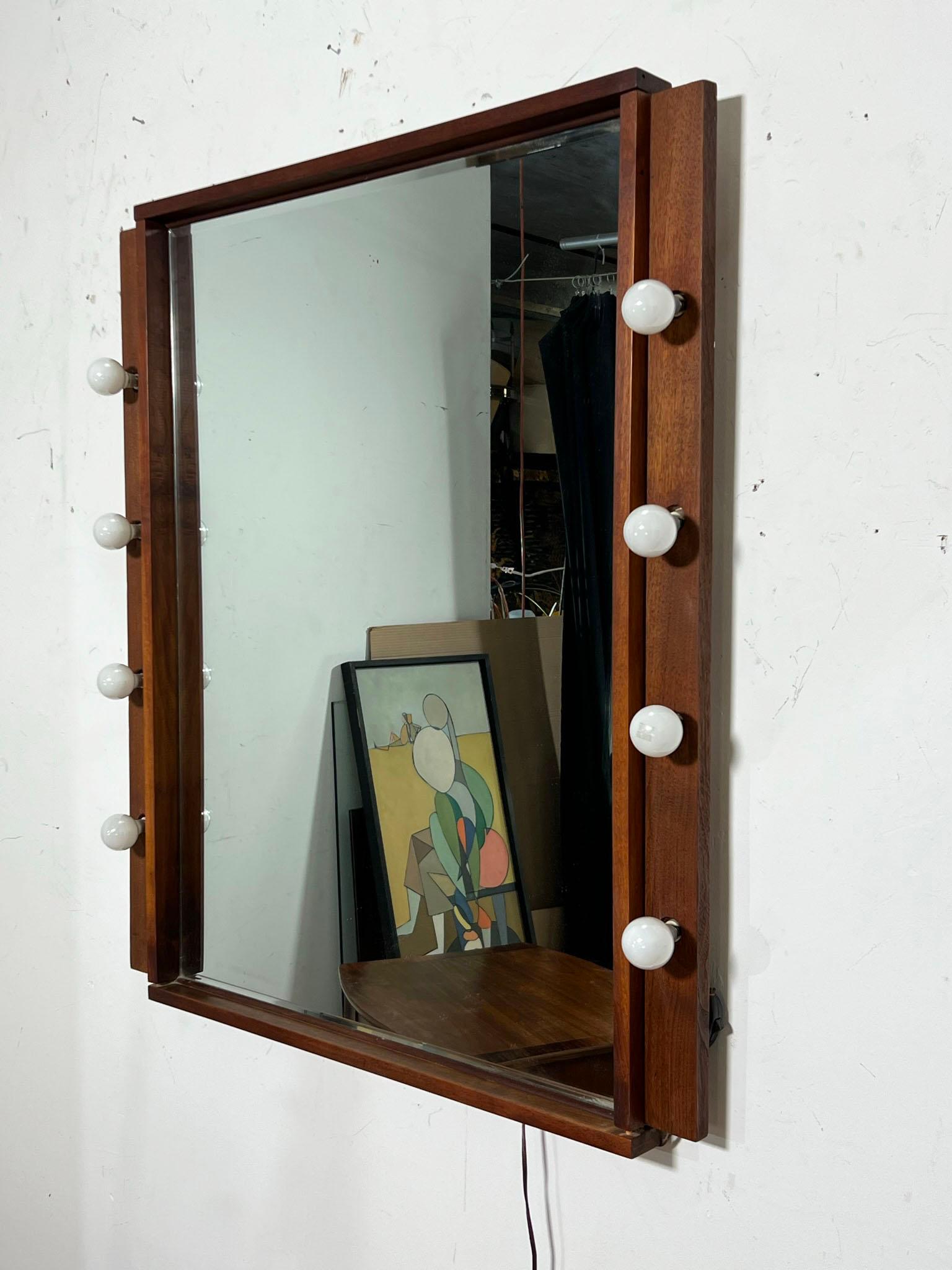 Craft Made Walnut Wall Mirror with Lighted Vanity Surround, circa 1960s For Sale 1