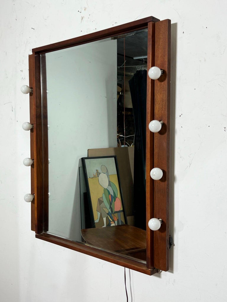 Craft Made Walnut Wall Mirror with Lighted Vanity Surround, circa 1960s