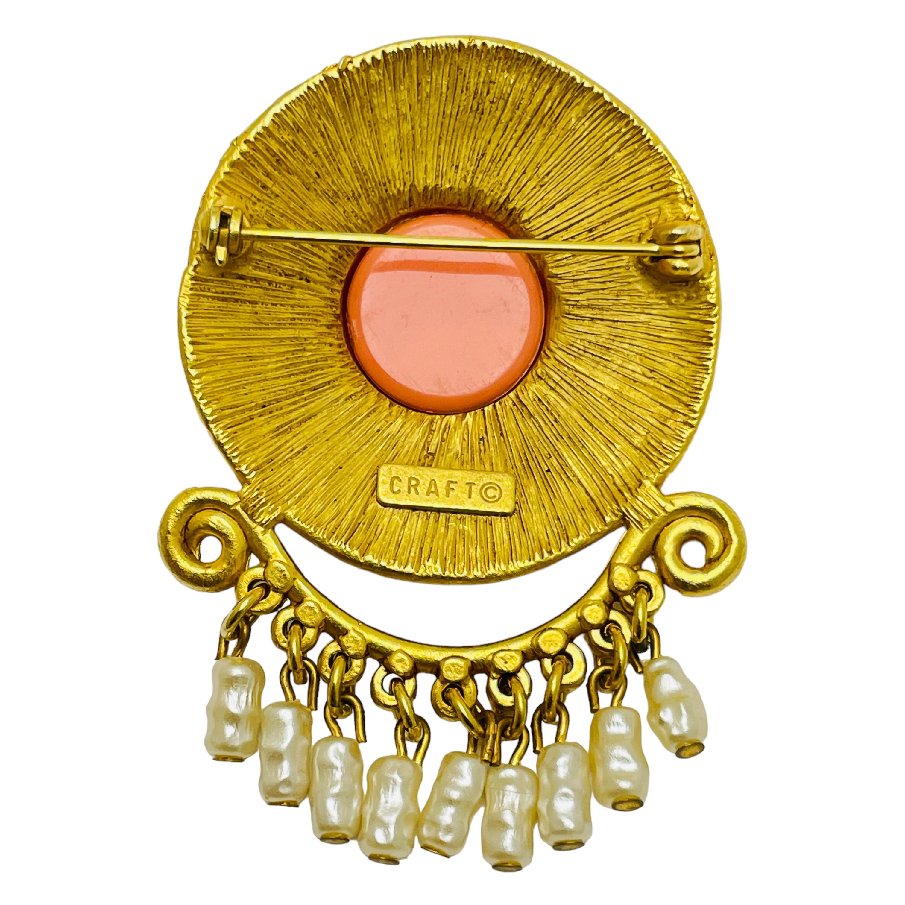 CRAFT signed gold tone pearl coral designer brooch In Good Condition For Sale In Palos Hills, IL